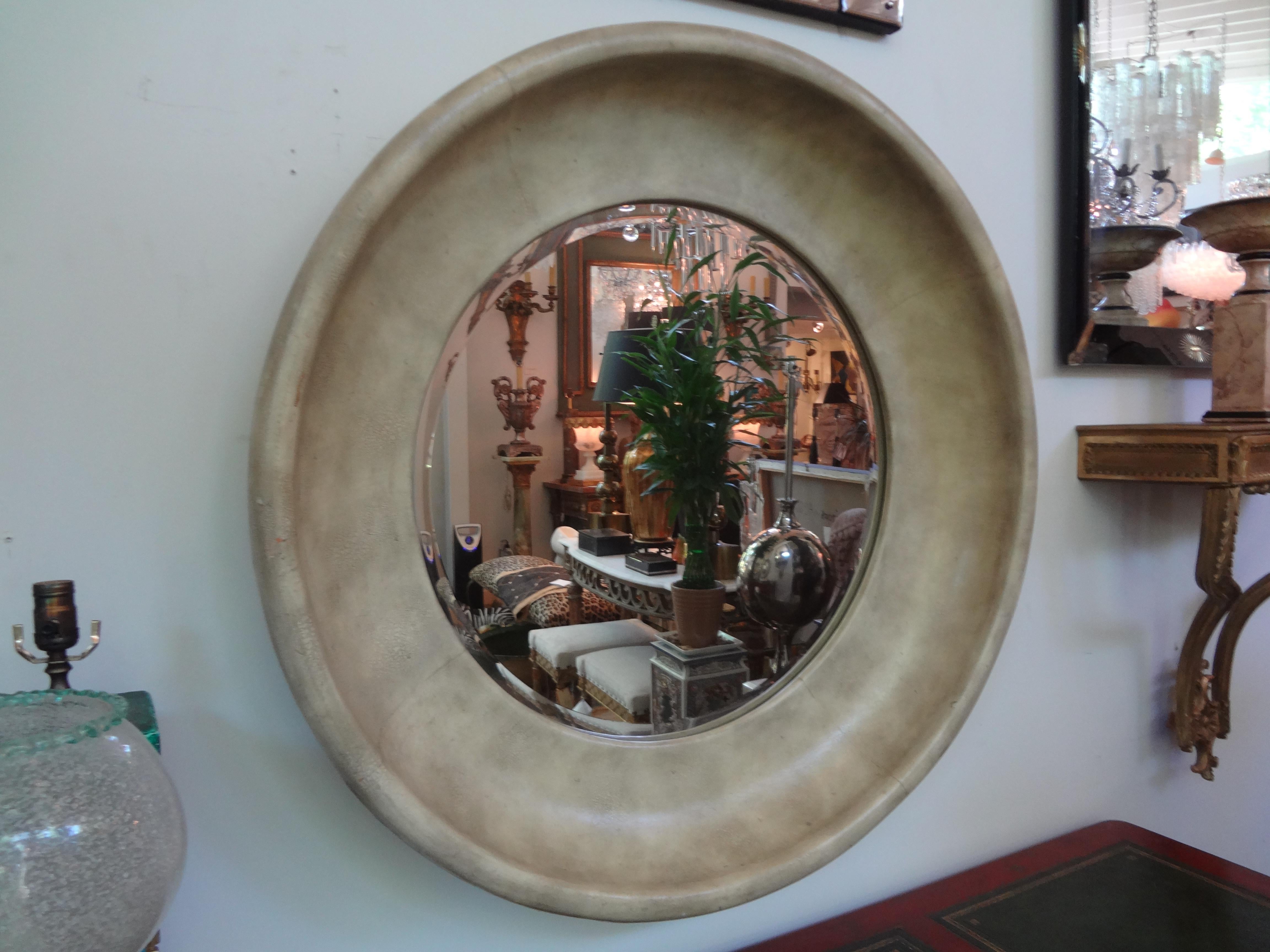 Late 20th Century Karl Springer Style Round Goatskin Beveled Mirror