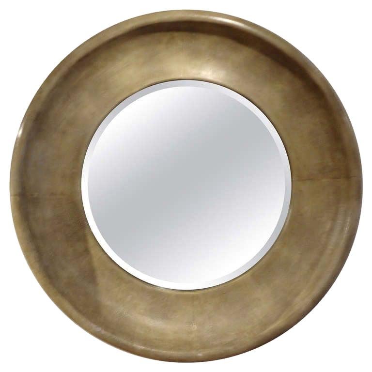 Karl Springer Style Round Goatskin Beveled Mirror