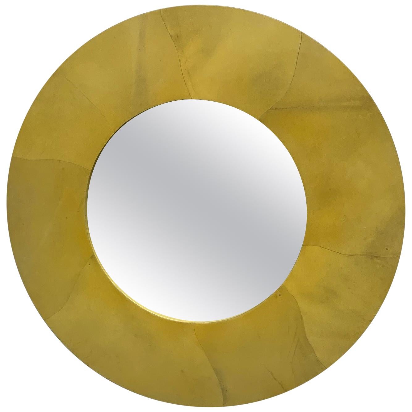 Miroir rond en peau de chèvre style Karl Springer