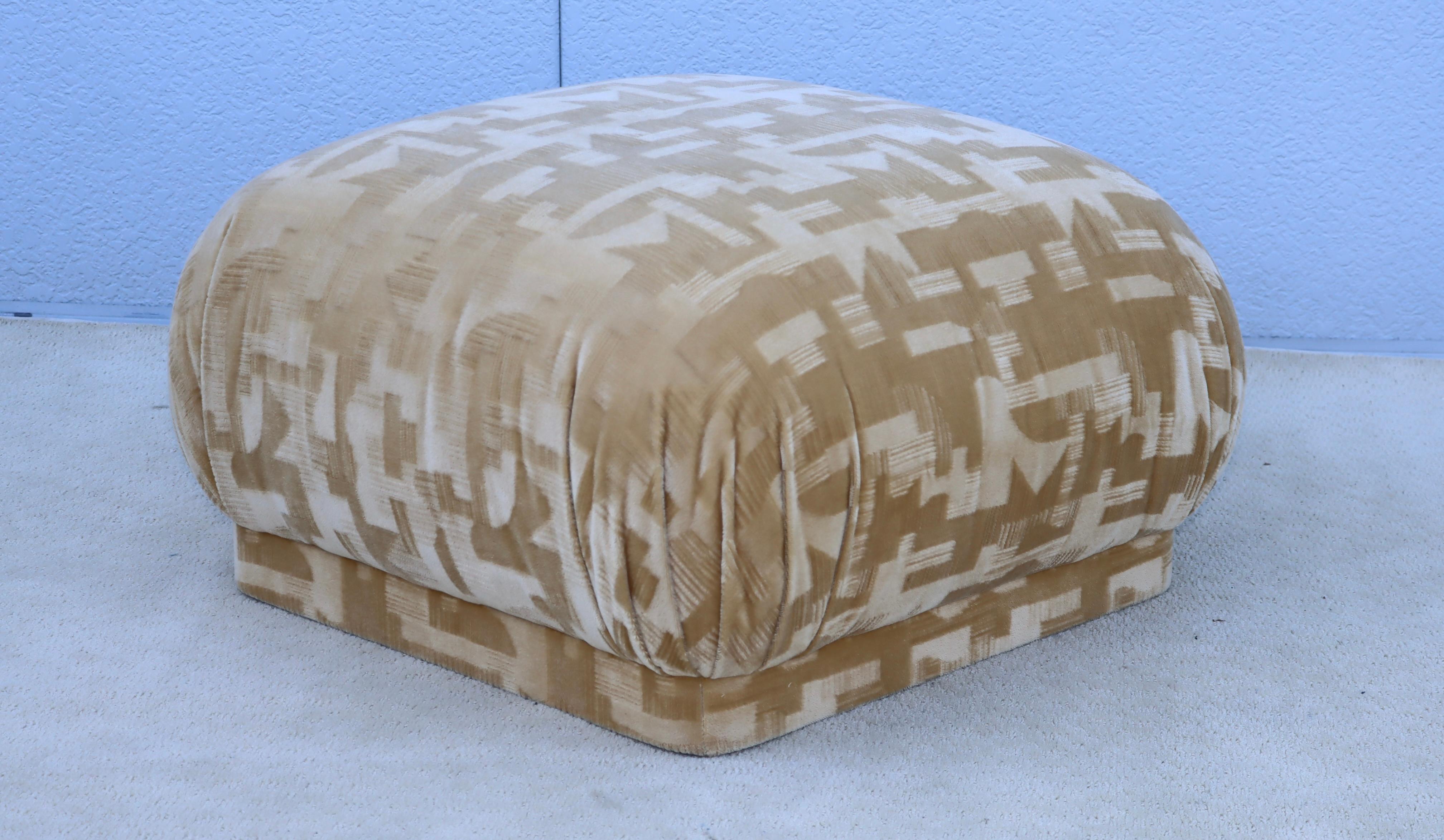 1980's modern Karl Springer style Souffle Ottoman, newly re-upholstered in mohair fabric, with minor wear and patina due to age and use. 