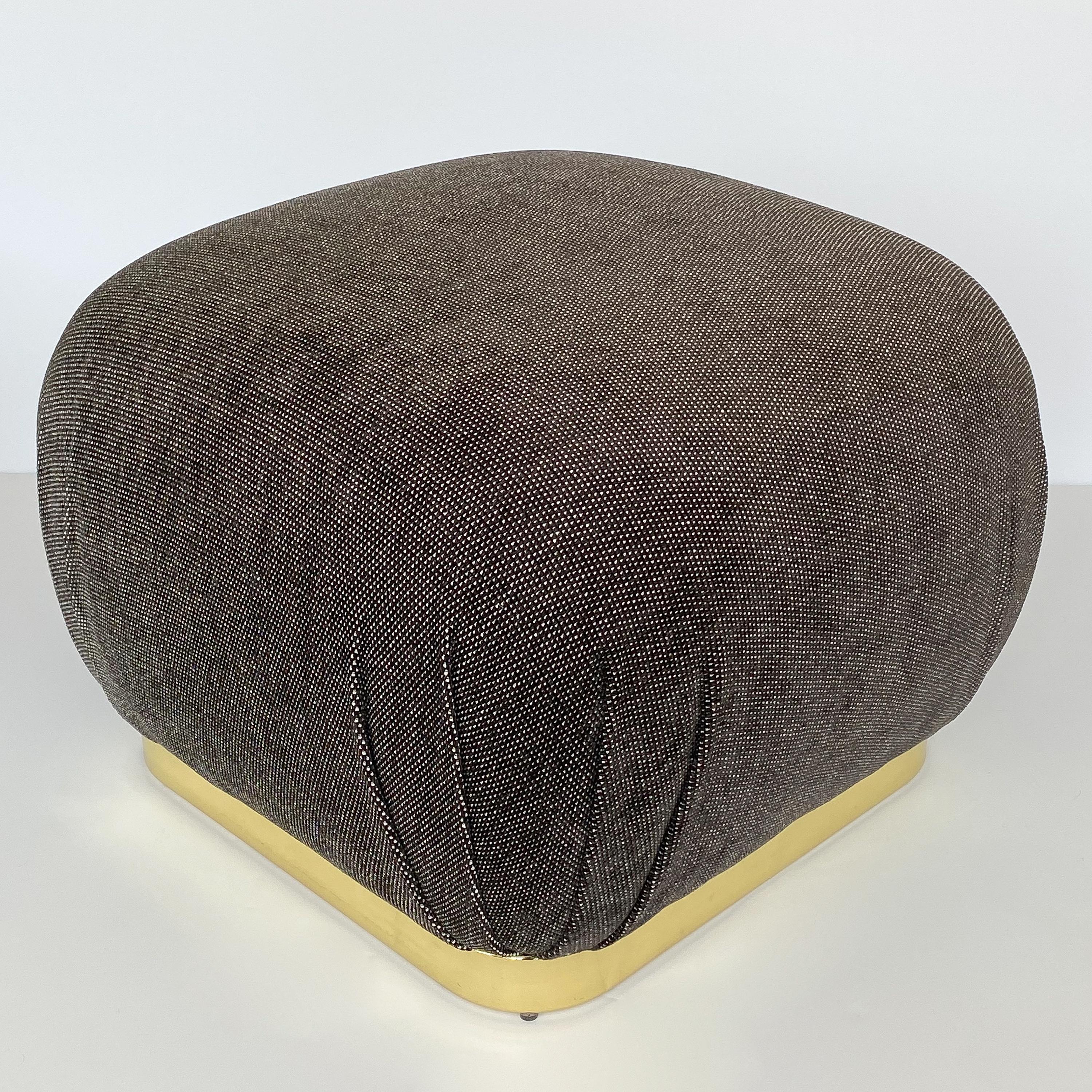 Late 20th Century Karl Springer Style Soufflé Pouf Ottoman with Brass Base