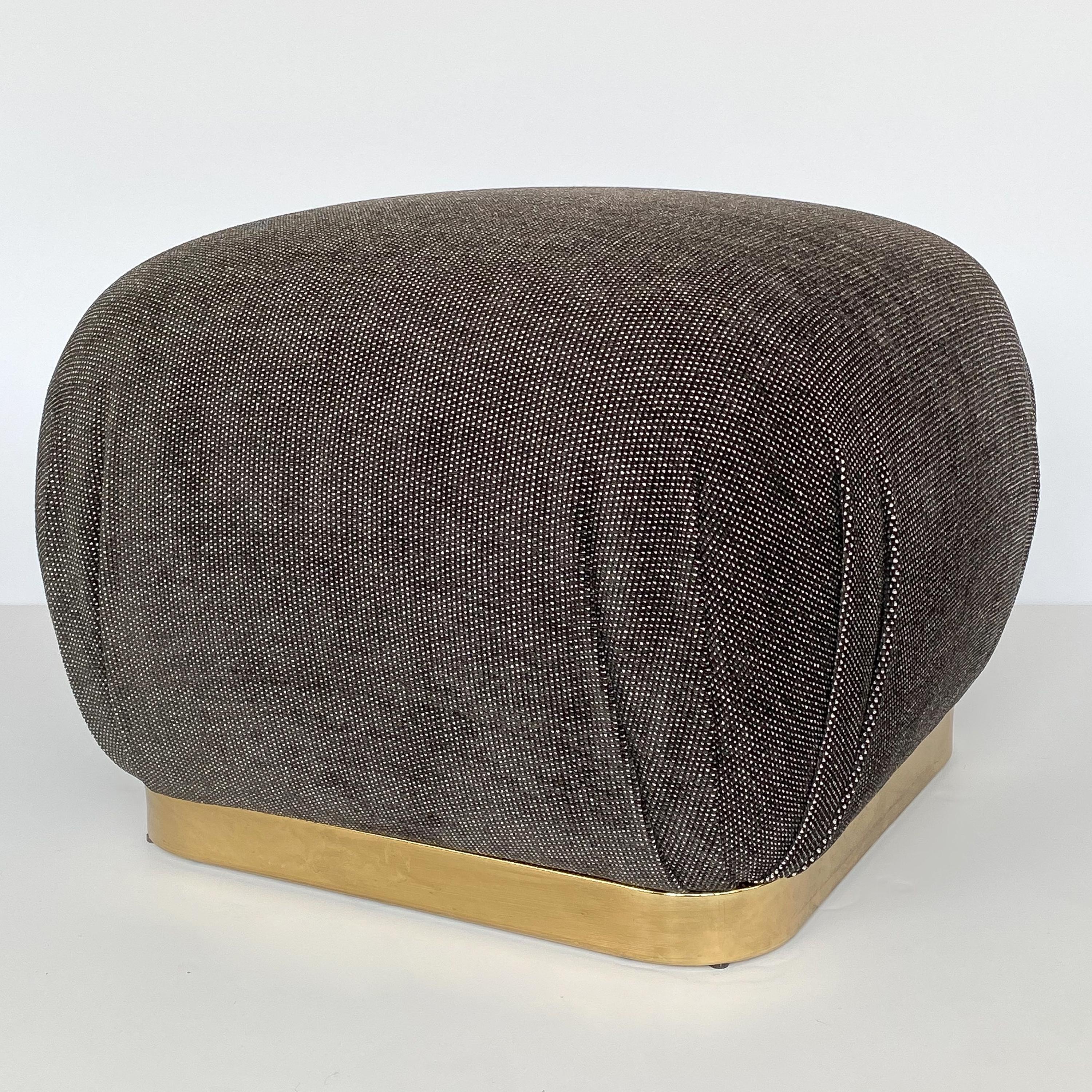 Karl Springer Style Soufflé Pouf Ottoman with Bronze Tone Base In Good Condition In Chicago, IL