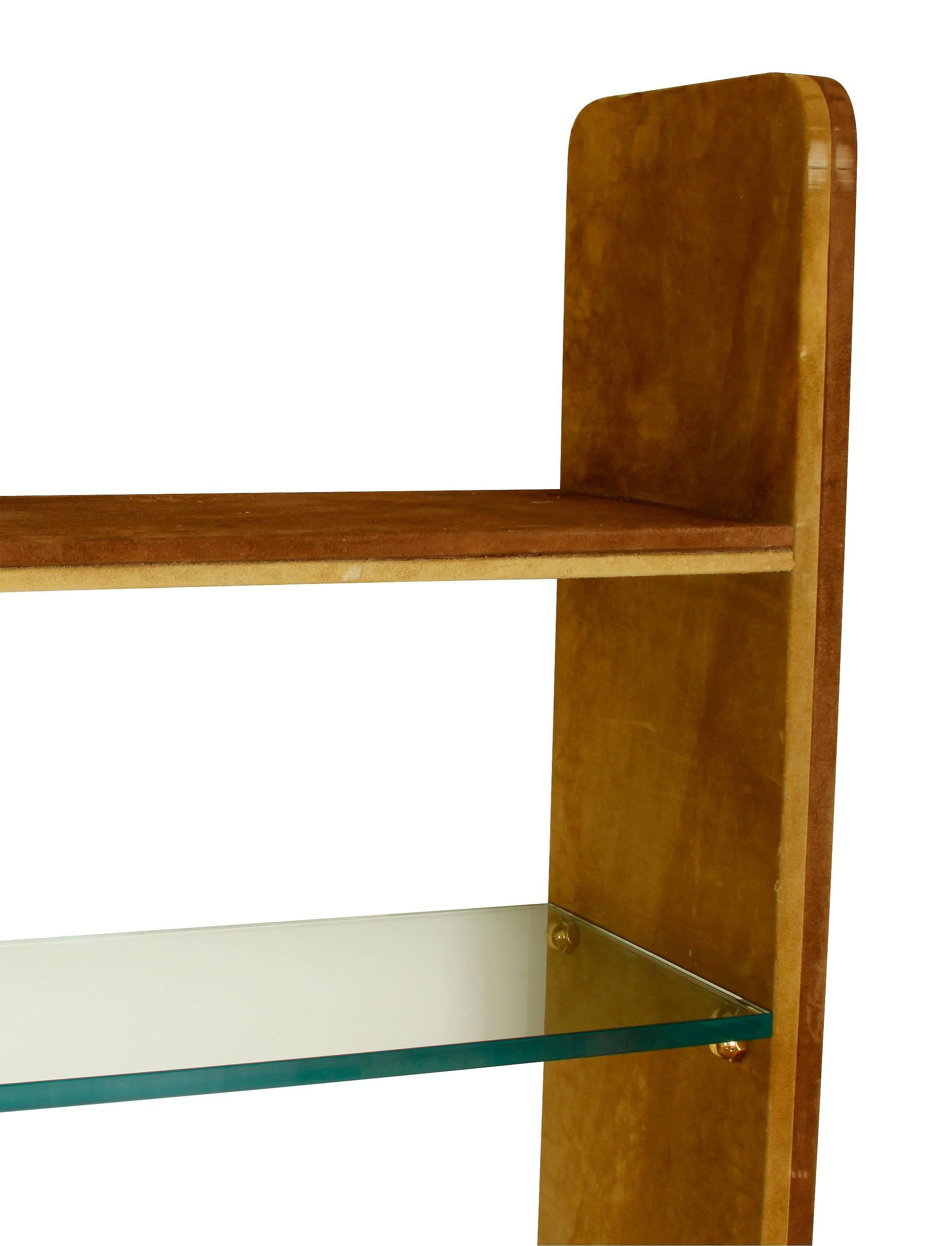 Mid-Century Modern Karl Springer Style Suede and Glass Etagere