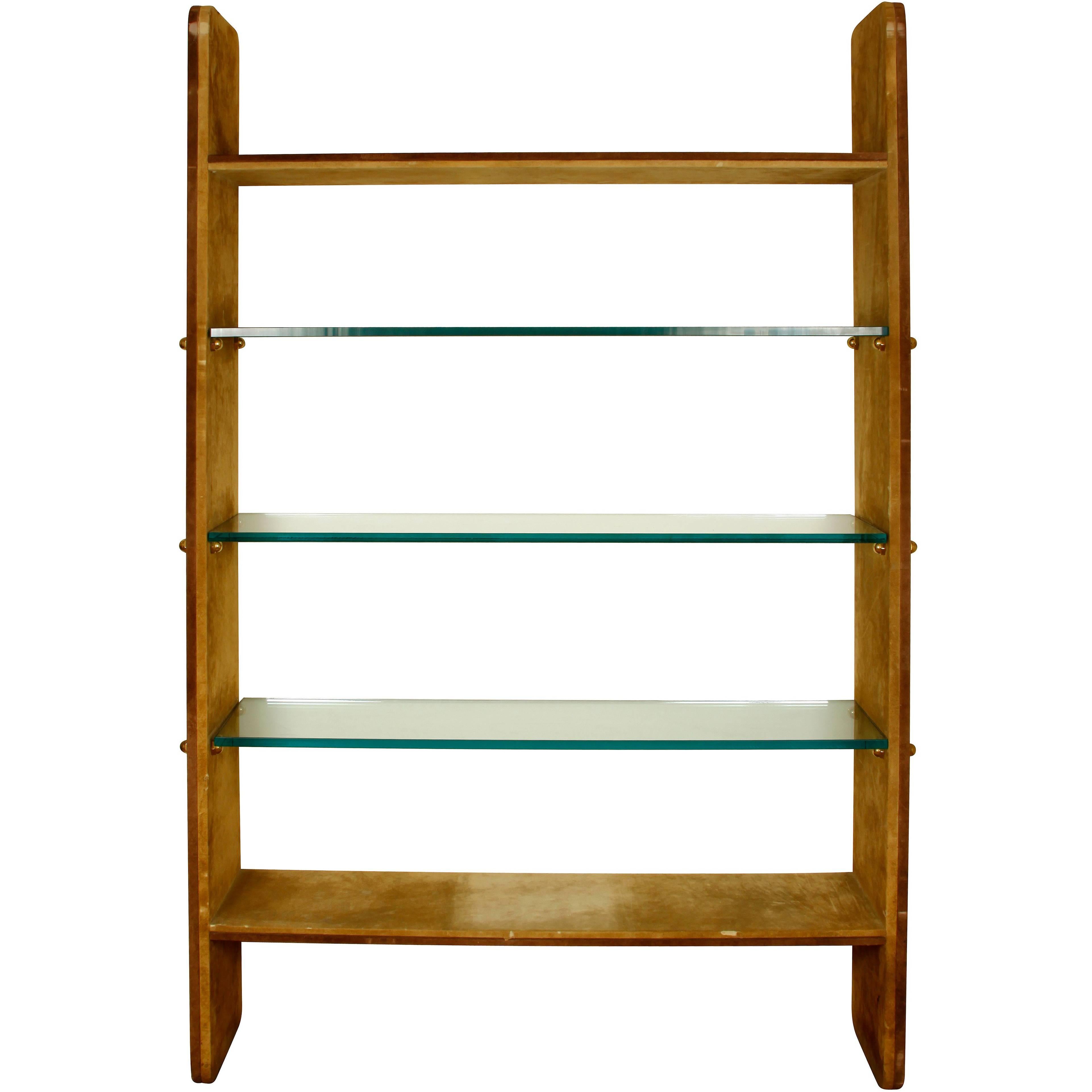 Karl Springer Style Suede and Glass Etagere