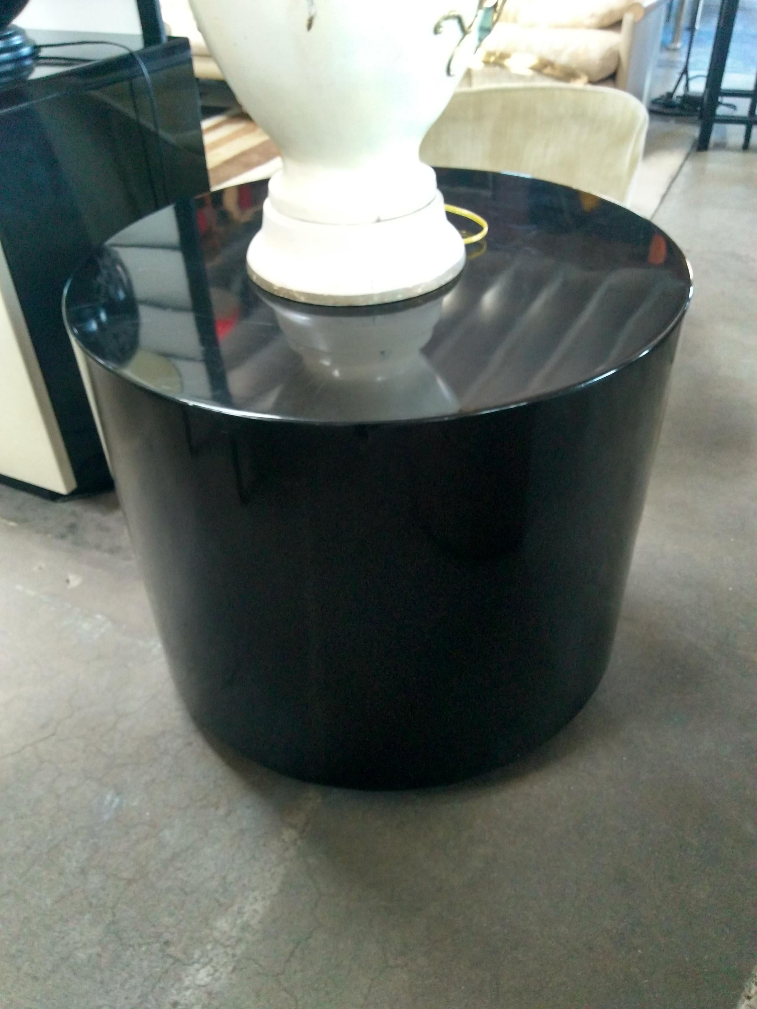 Lacquered Karl Springer Style Swivel Black Lacquer Pedestal or Cocktail Table