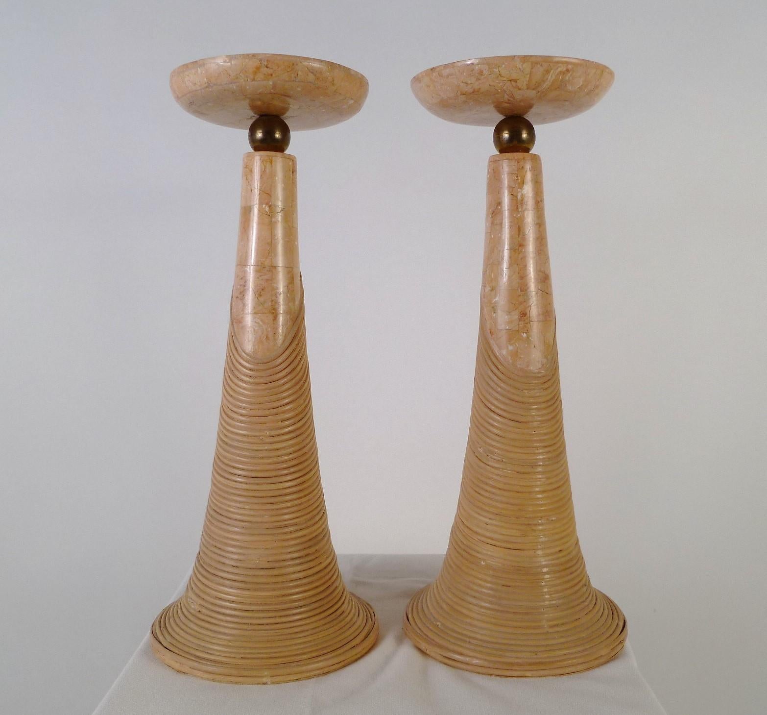 Organic Modern Karl Springer Style Pair Tessellated Marble, Brass and Cane Candleholders 1970s For Sale