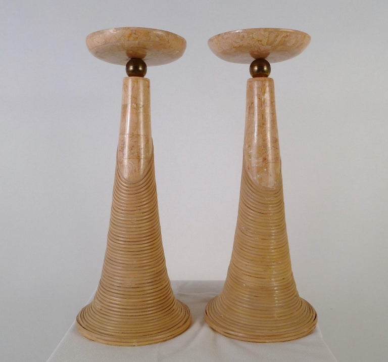 Organic Modern Karl Springer Style Tessalated Marble, Brass and Cane Candleholders For Sale