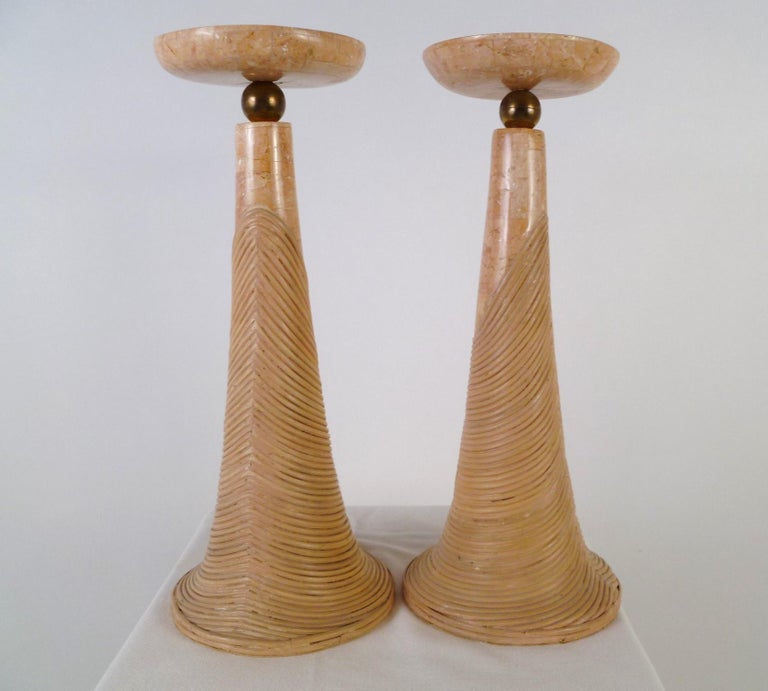 Karl Springer Style Tessalated Marble, Brass and Cane Candleholders In Good Condition For Sale In Miami, FL