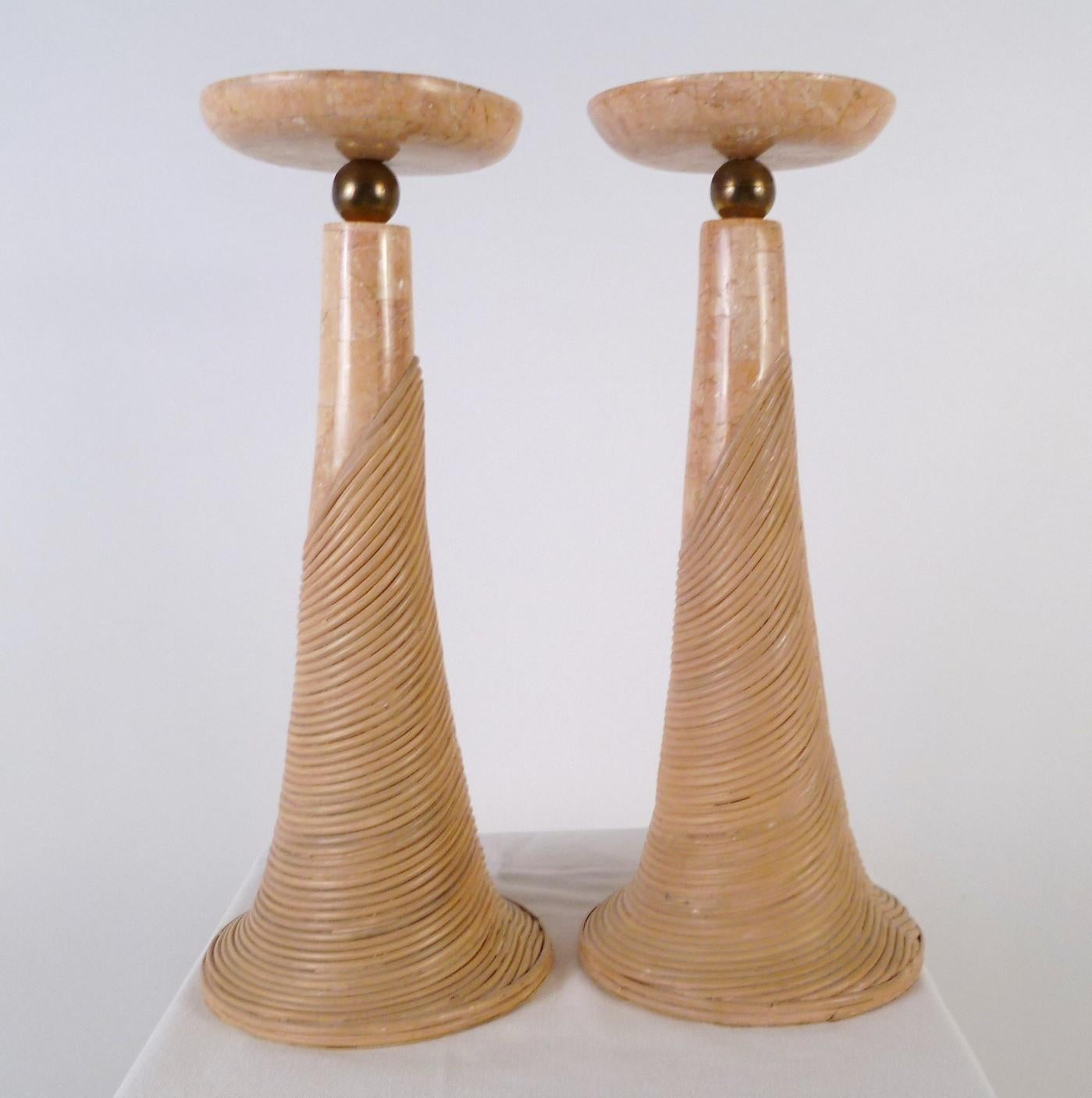 Late 20th Century Karl Springer Style Pair Tessellated Marble, Brass and Cane Candleholders 1970s For Sale