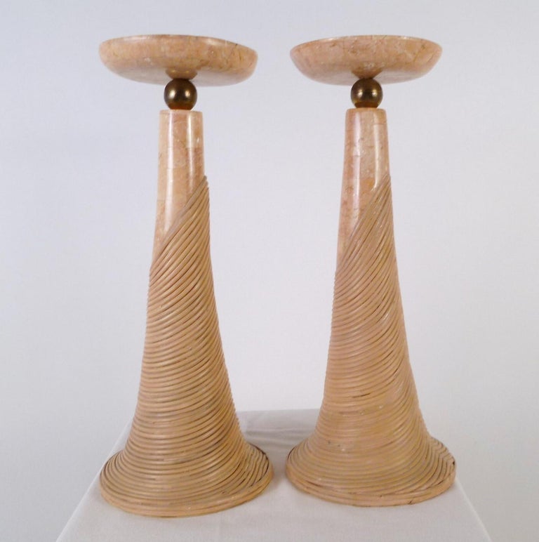 Late 20th Century Karl Springer Style Tessalated Marble, Brass and Cane Candleholders For Sale