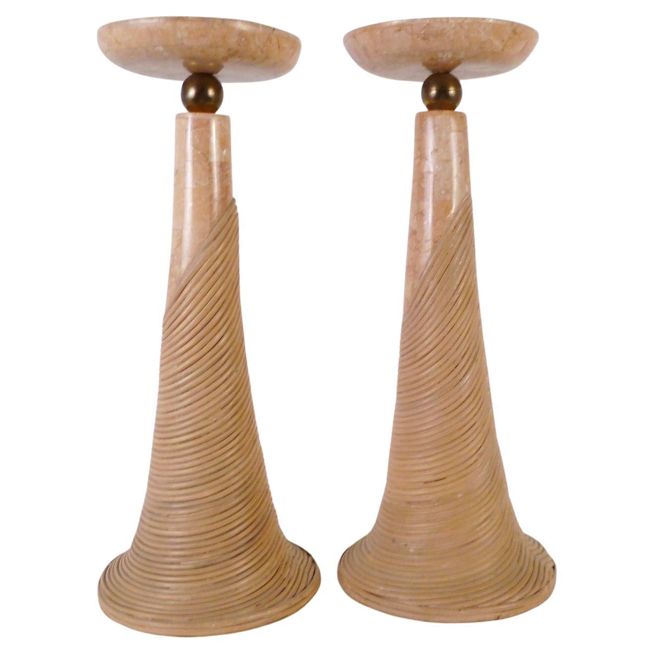 Karl Springer Style Pair Tessellated Marble, Brass and Cane Candleholders 1970s