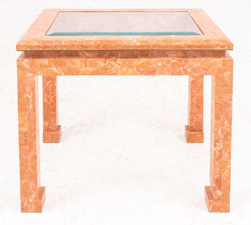 Karl Springer manner tessellated pink marble low table or side table raised on tapered legs with beveled glass top, apparently unsigned. Measures: 20