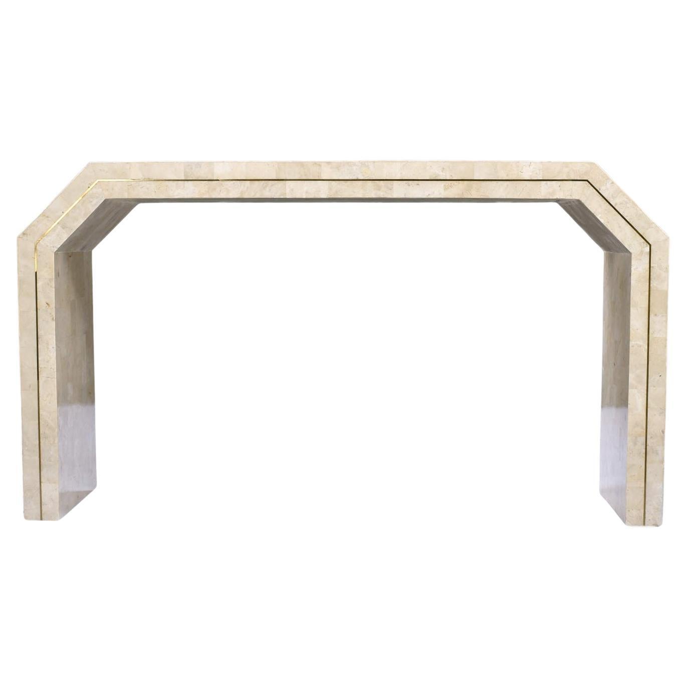 This listing is for the console table alone. The wall mounted bar and chairs are sold separately.

Vintage 1980s, Post Modern, tessellated stone console table attributed to Maitland Smith. The U-shaped sofa table has faceted panels at left and right