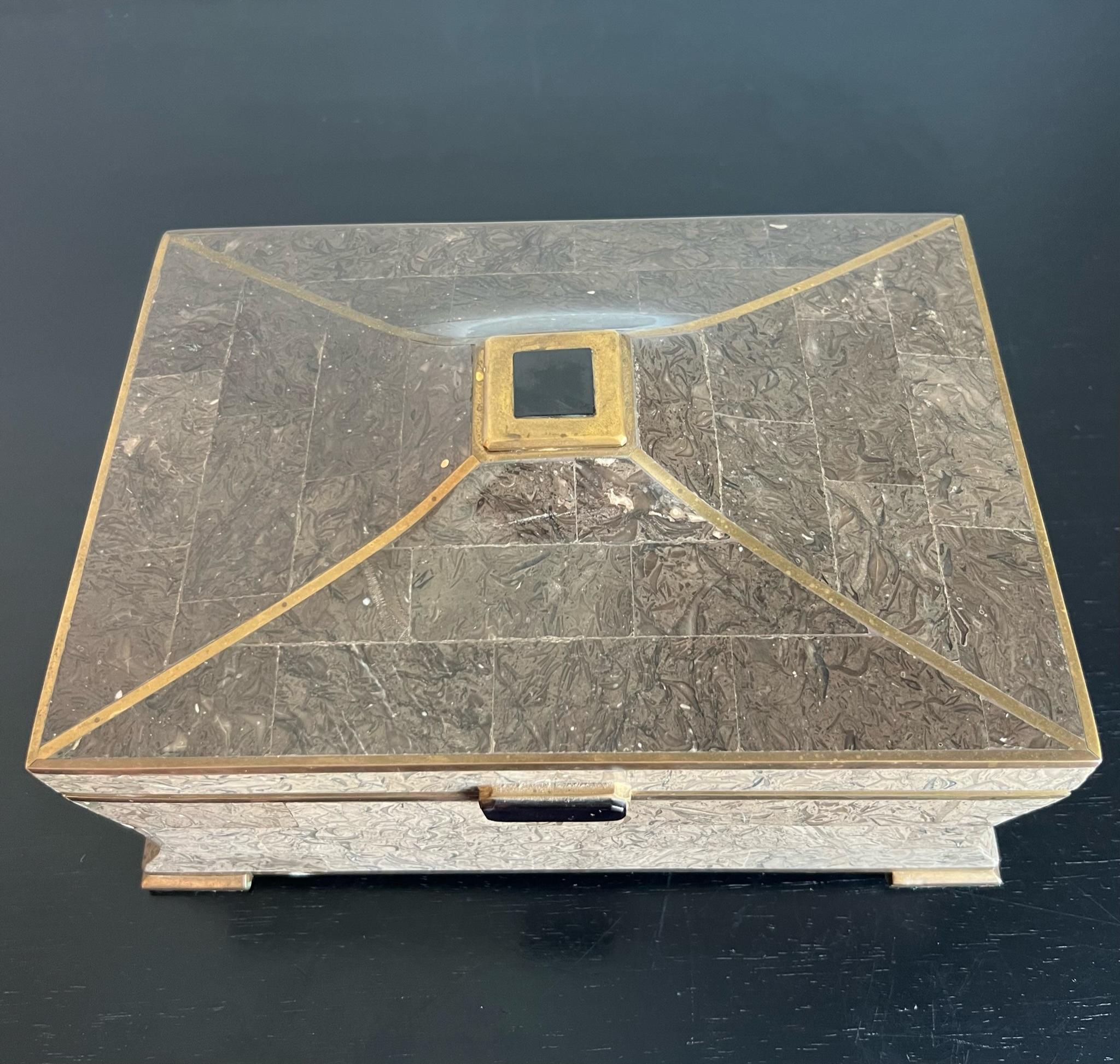 Mid-Century Modern Karl Springer Style Tessellated Stone and Brass Box For Sale