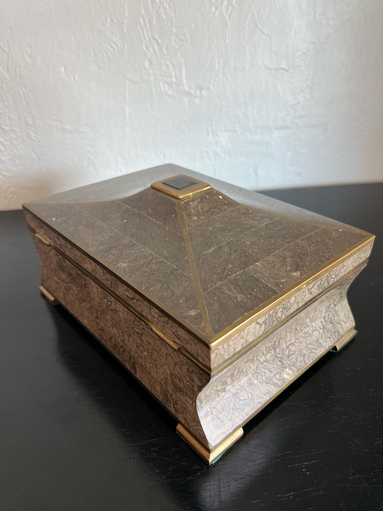 Karl Springer Style Tessellated Stone and Brass Box In Good Condition For Sale In West Palm Beach, FL