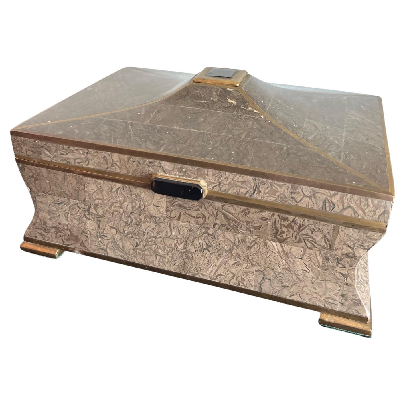 Karl Springer Style Tessellated Stone and Brass Box For Sale