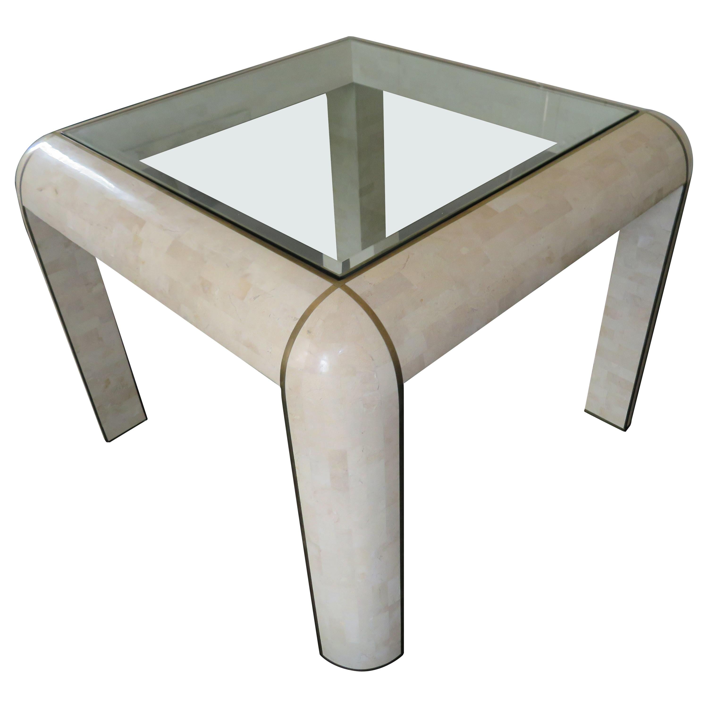 Karl Springer Style Tessellated Stone and Brass Inlay Dining Game Table