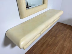 Karl Springer Style Wall Mounted Console and Mirror in Faux Goatskin circa 1980s