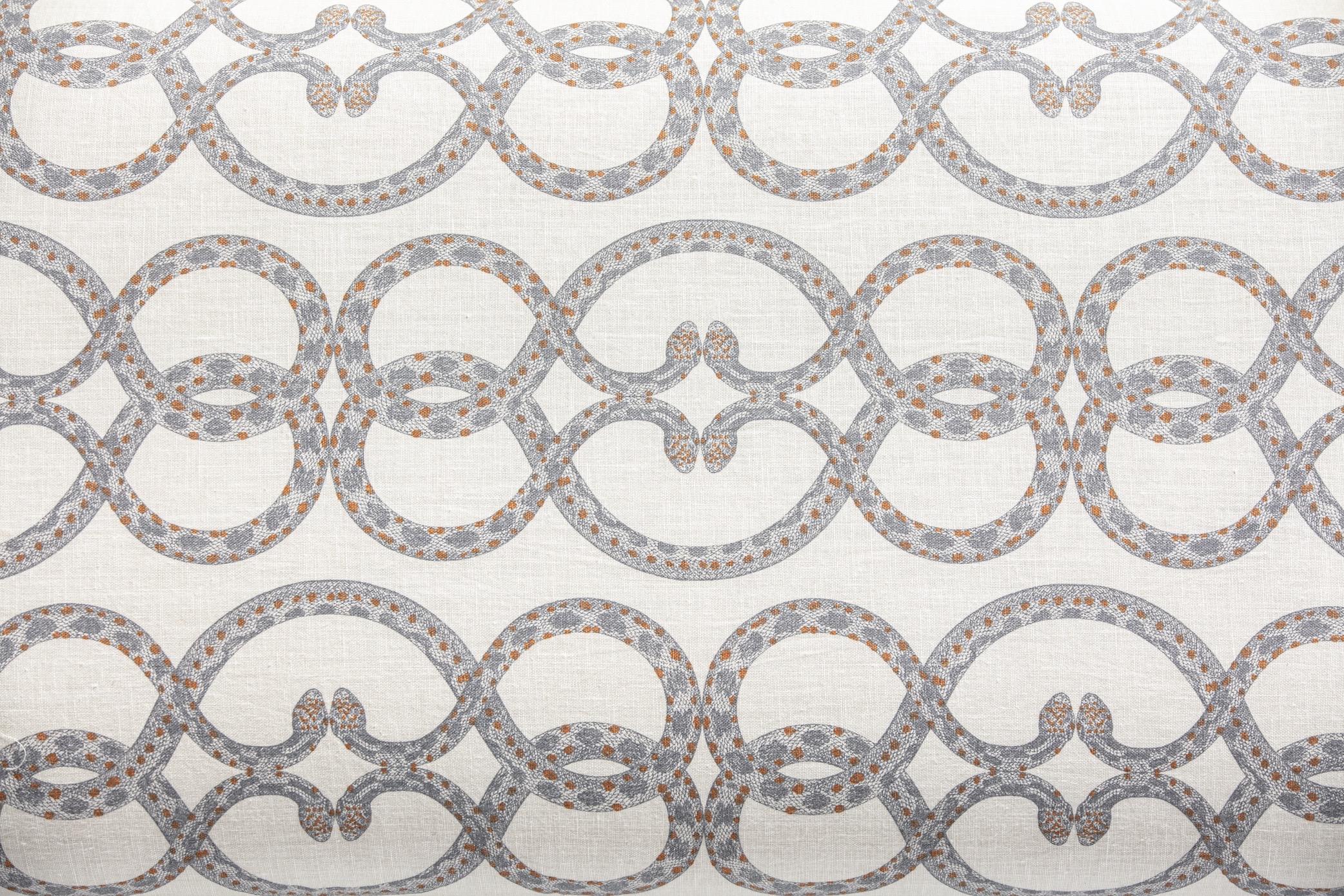 Modern Karl Springer Style Waterfall Bench in Snake Pattern Ivory Linen Fabric