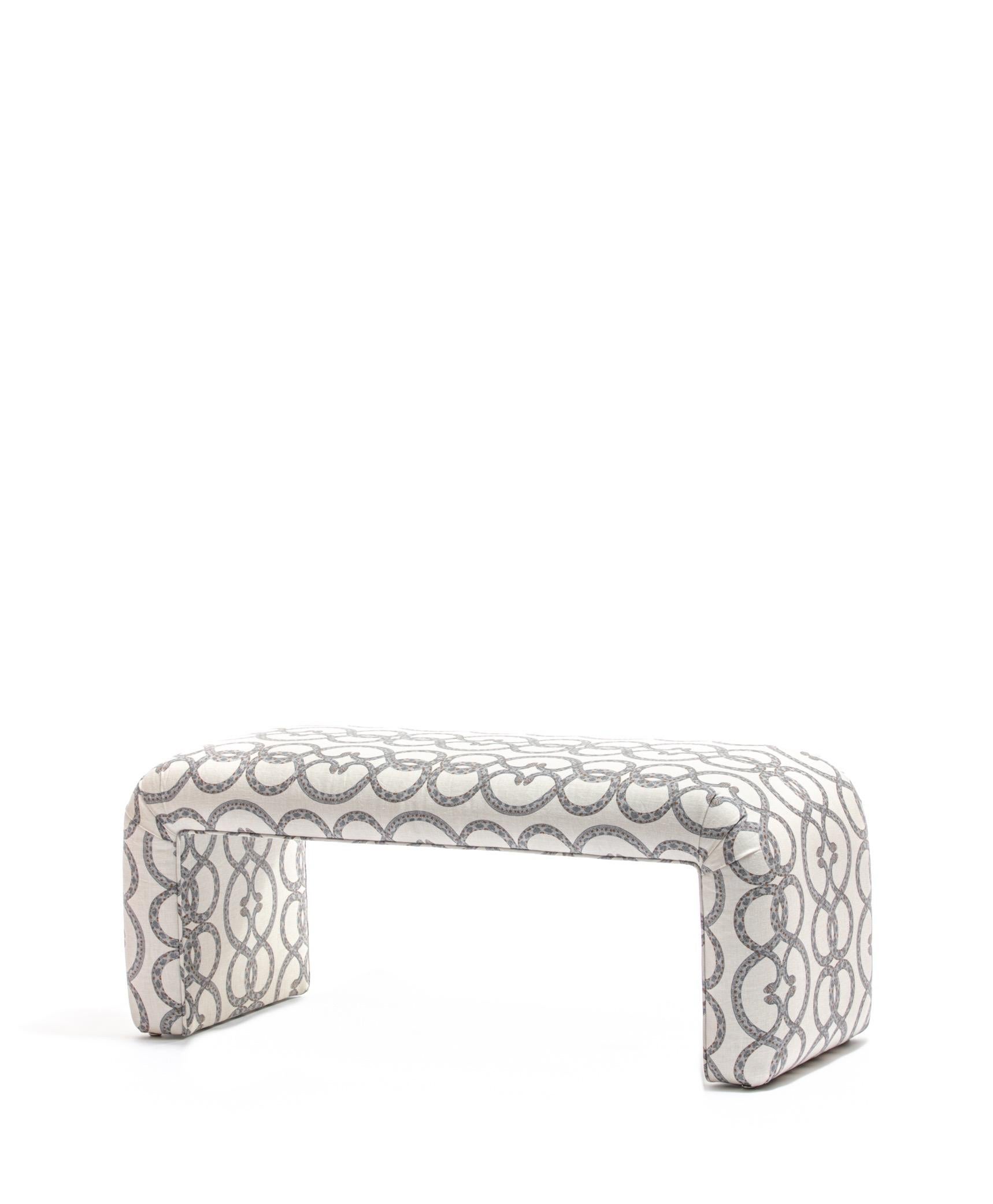 American Karl Springer Style Waterfall Bench in Snake Pattern Ivory Linen Fabric