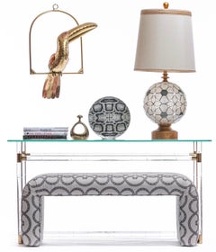 Karl Springer Style Waterfall Bench in Snake Pattern Ivory Linen Fabric