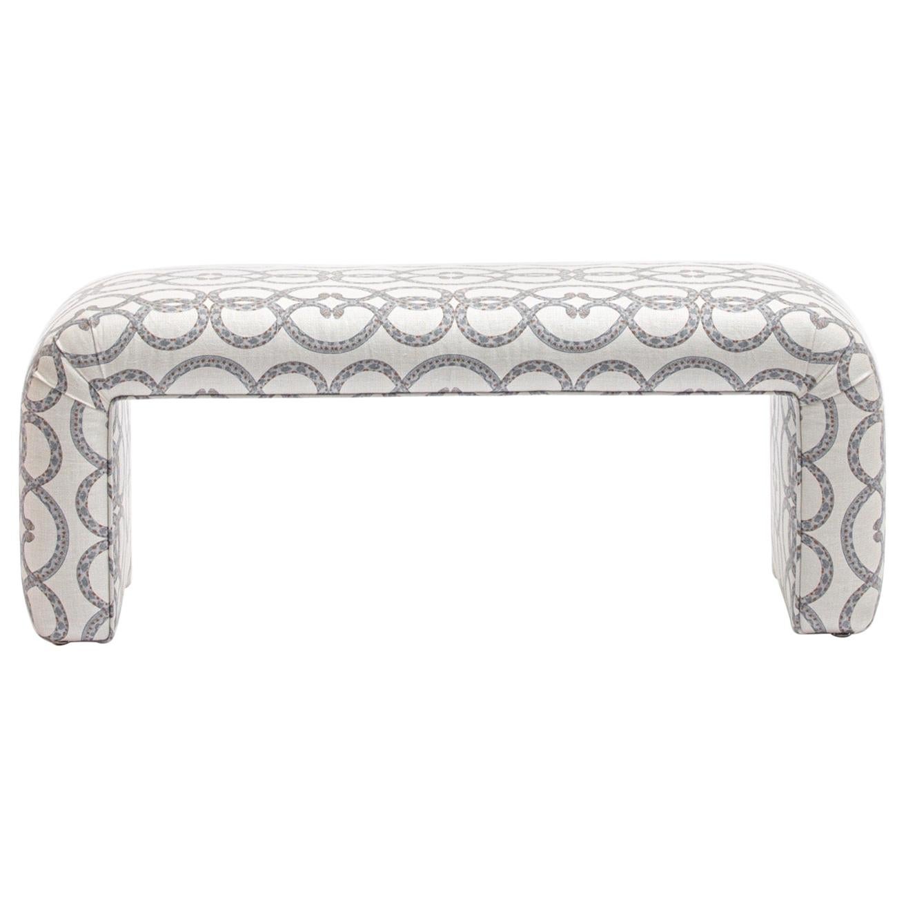 Karl Springer Style Waterfall Bench in Snake Pattern Ivory Linen Fabric