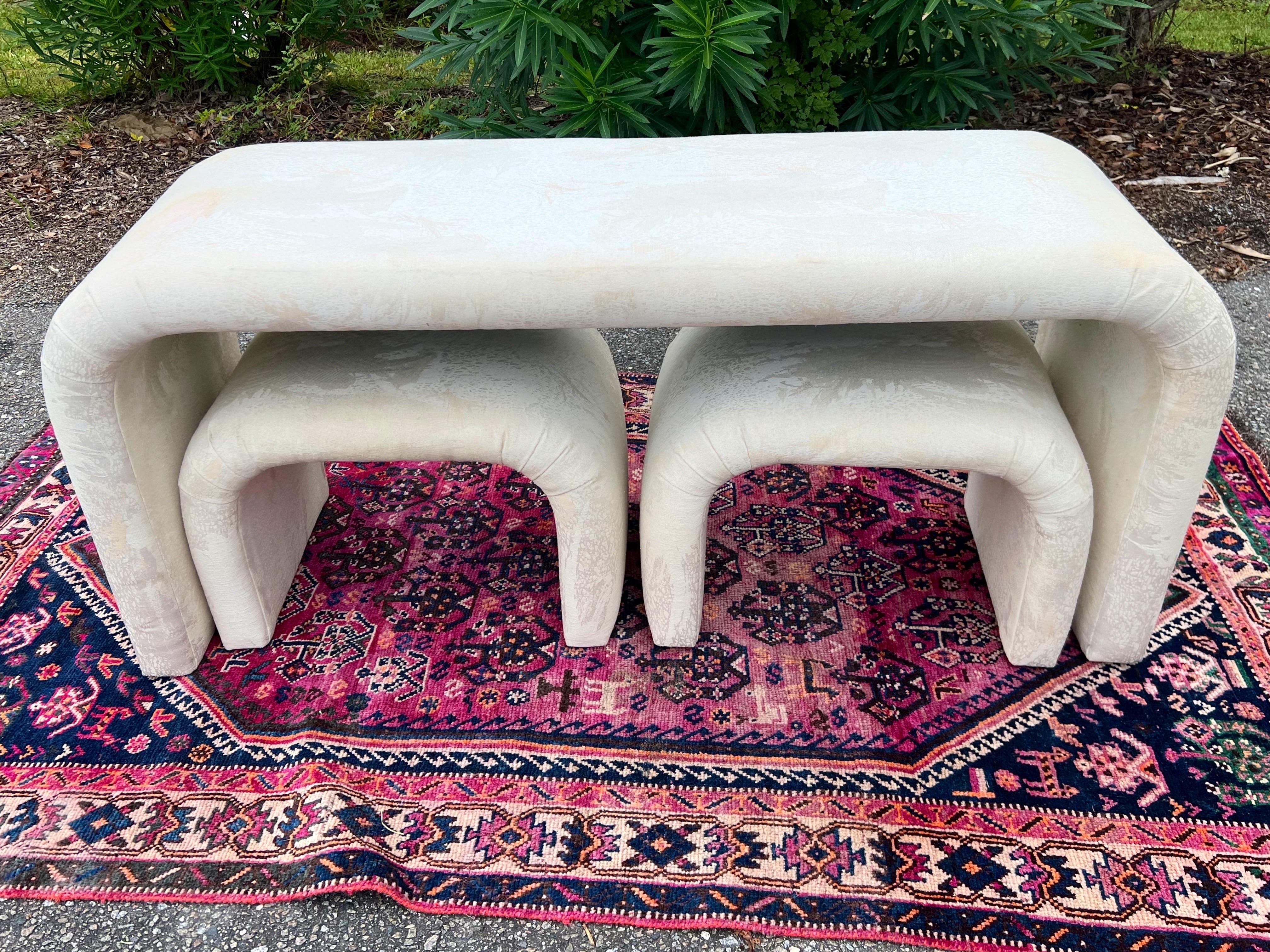 Karl Springer style waterfall console with matching stools  9