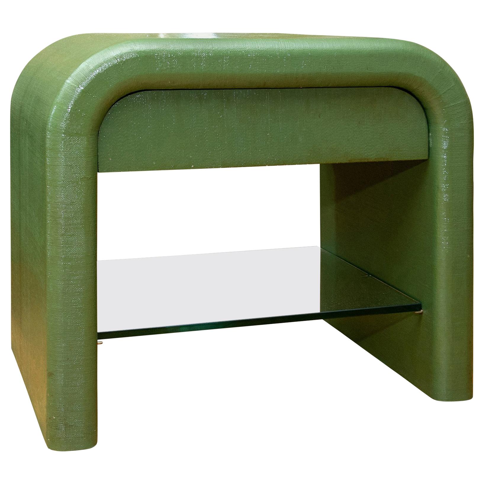 Karl Springer Style Waterfall Shape Lacquered Linen Side Table with a Painted A