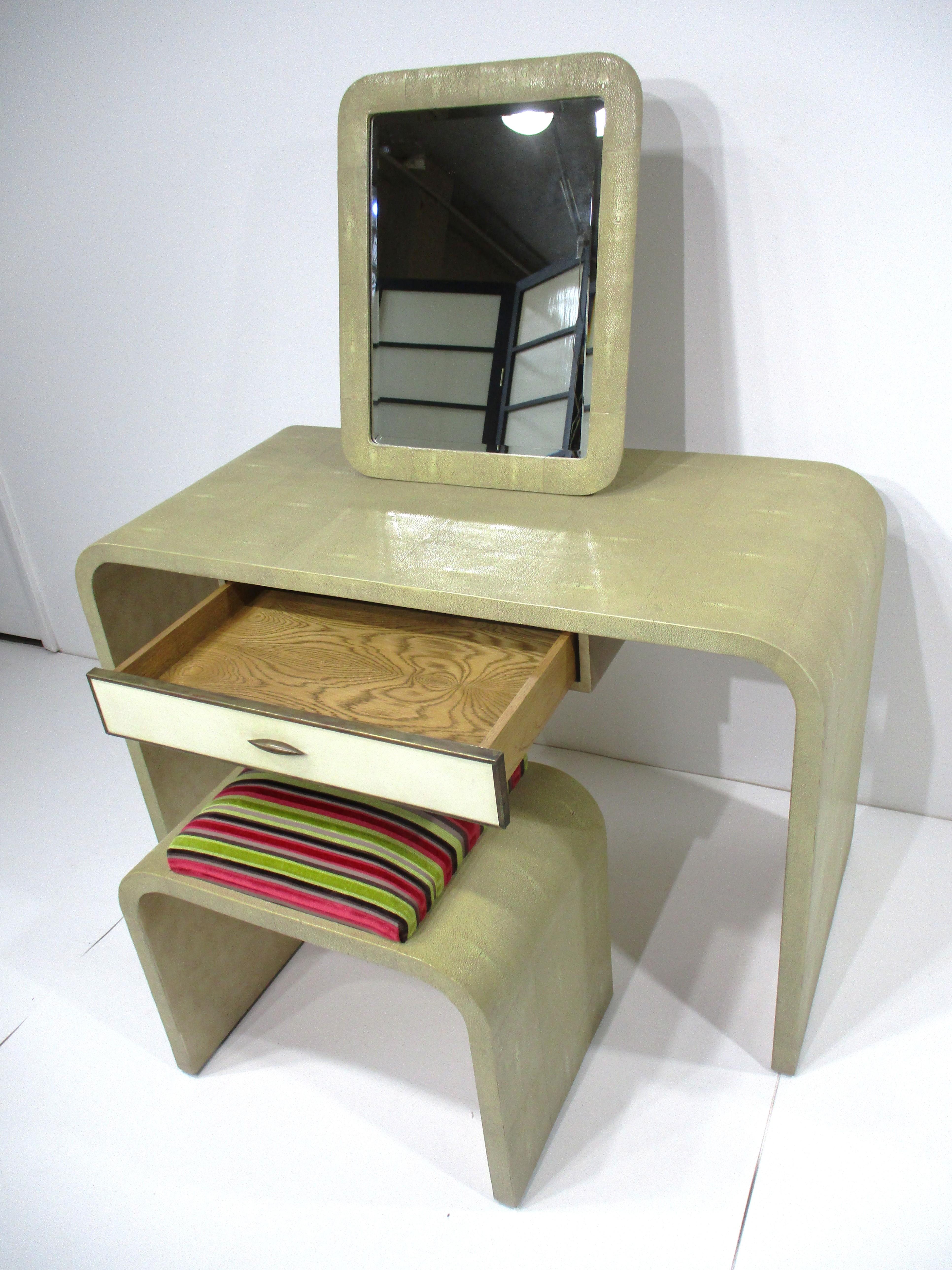 Mid-Century Modern Karl Springer styled Shagreen Vanity w/ Stool For Sale