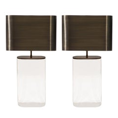 Karl Springer Superb Pair of "Oval Lucite Table Lamps" with Bronze Shades 1980s
