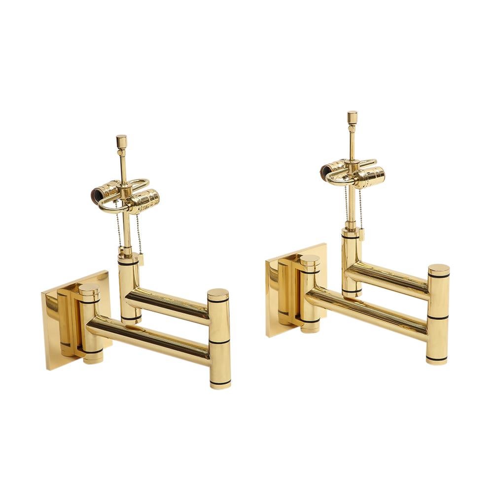 Lacquered Karl Springer Swing Arm Wall Lamps, Polished Brass For Sale