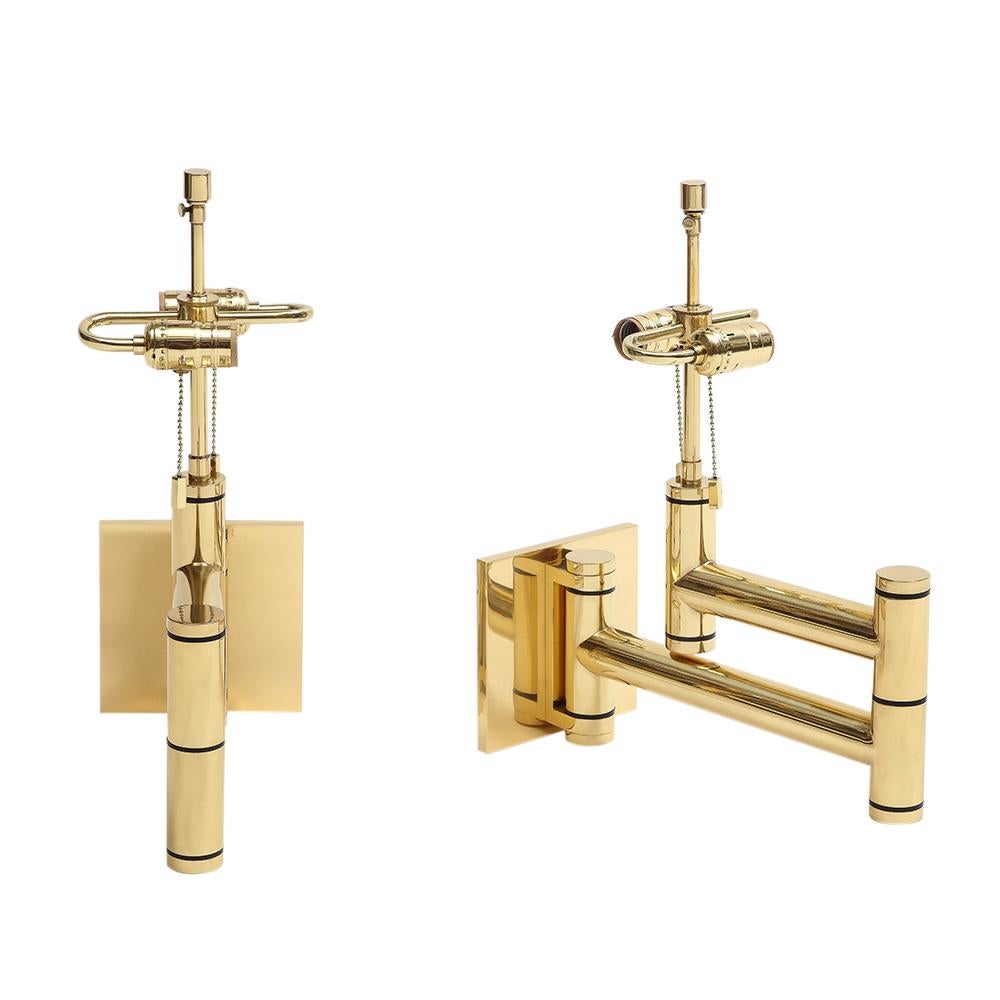 Karl Springer Swing Arm Wall Lamps, Polished Brass In Good Condition For Sale In New York, NY