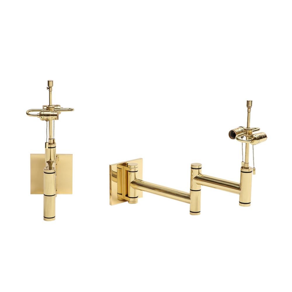 Late 20th Century Karl Springer Swing Arm Wall Lamps, Polished Brass For Sale