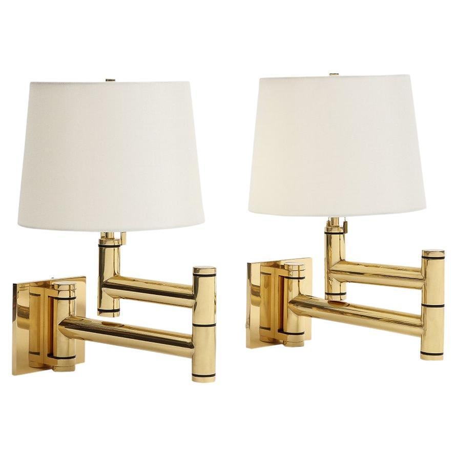 Karl Springer Swing Arm Wall Lamps, Polished Brass For Sale