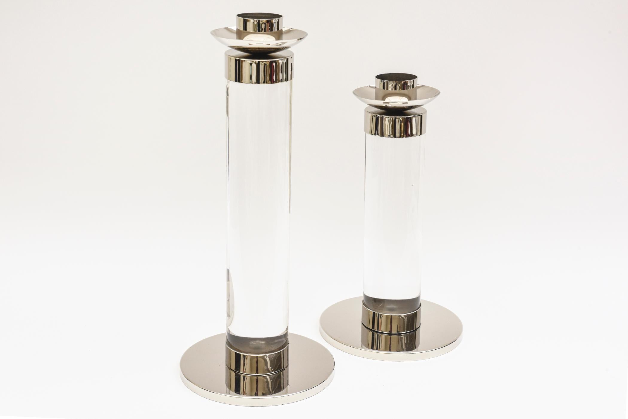 Karl Springer Style Lucite and Chrome Chunky Column Candlesticks Pair Of Vintage 3