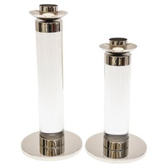 Karl Springer Tall Lucite and Nickel Chunky Column Candlesticks Pair of Vintage