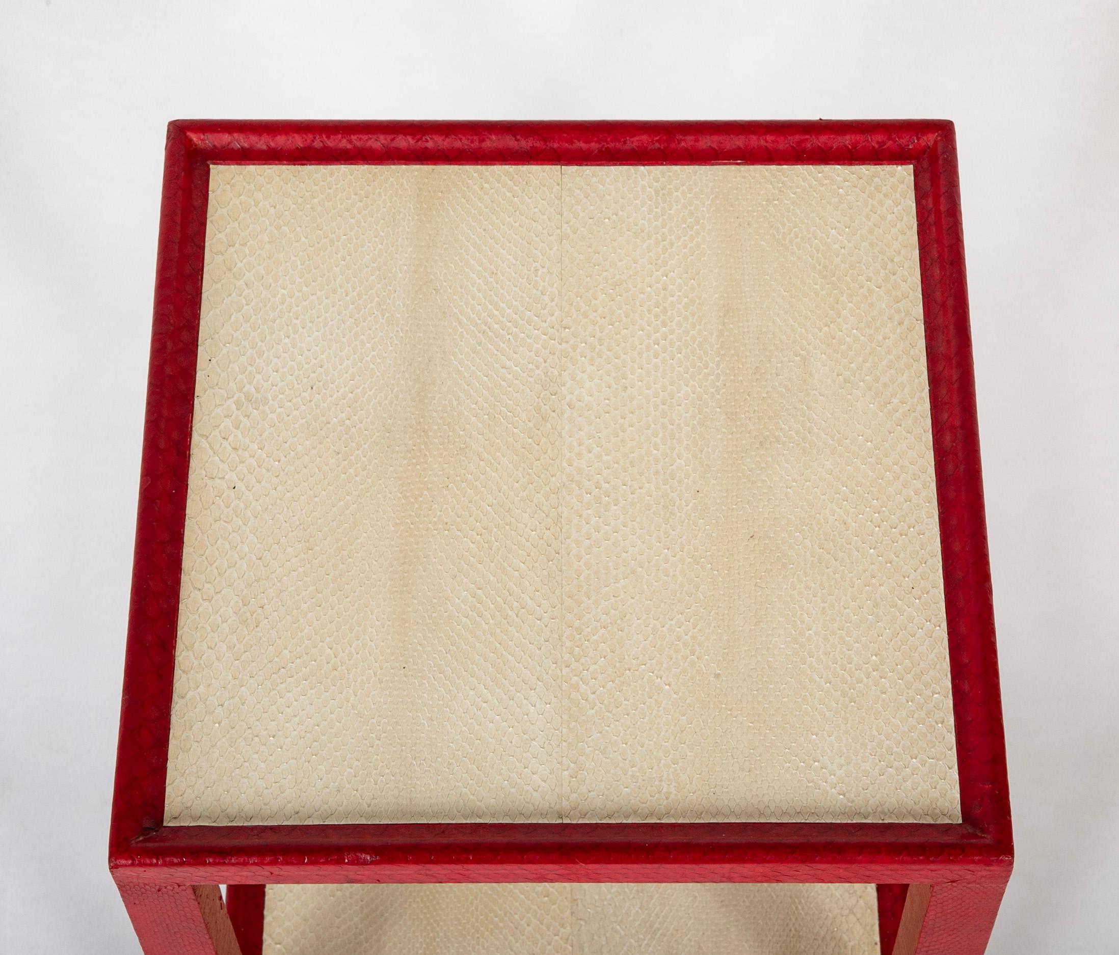 Hand-Crafted Karl Springer Telephone Drinks Table in Red And White Cobra Skin For Sale