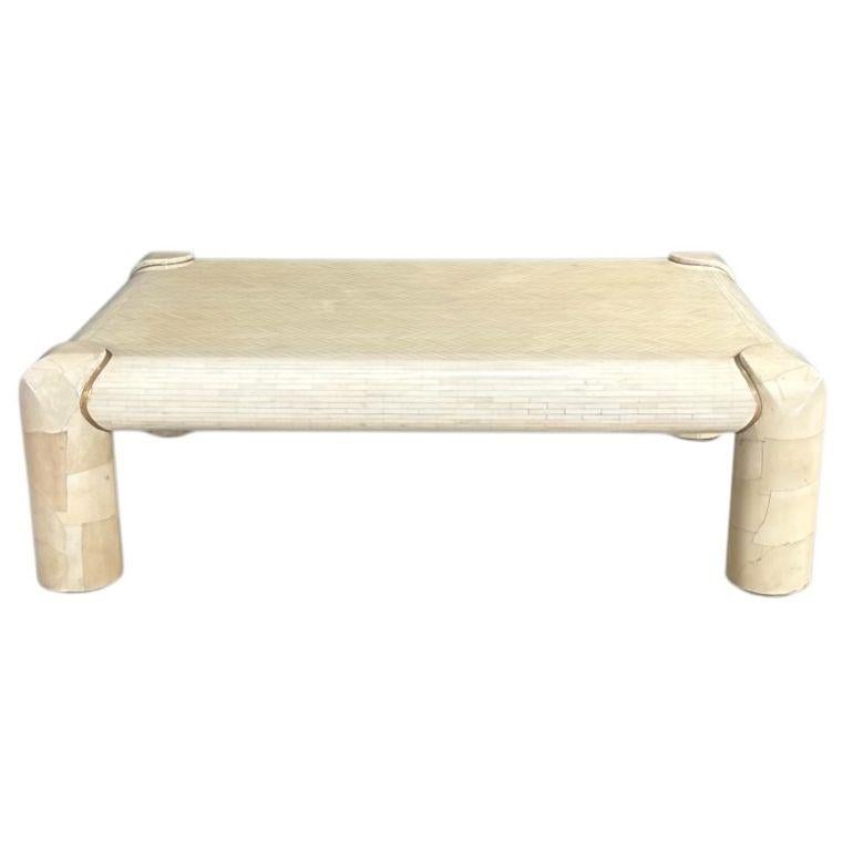 Mid-Century Modern Table basse en os tessellé et peau de chèvre, Karl Springer, 1970 en vente