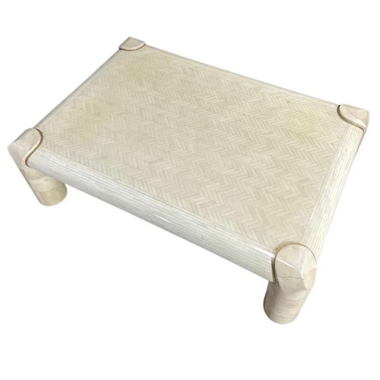 Américain Table basse en os tessellé et peau de chèvre, Karl Springer, 1970 en vente
