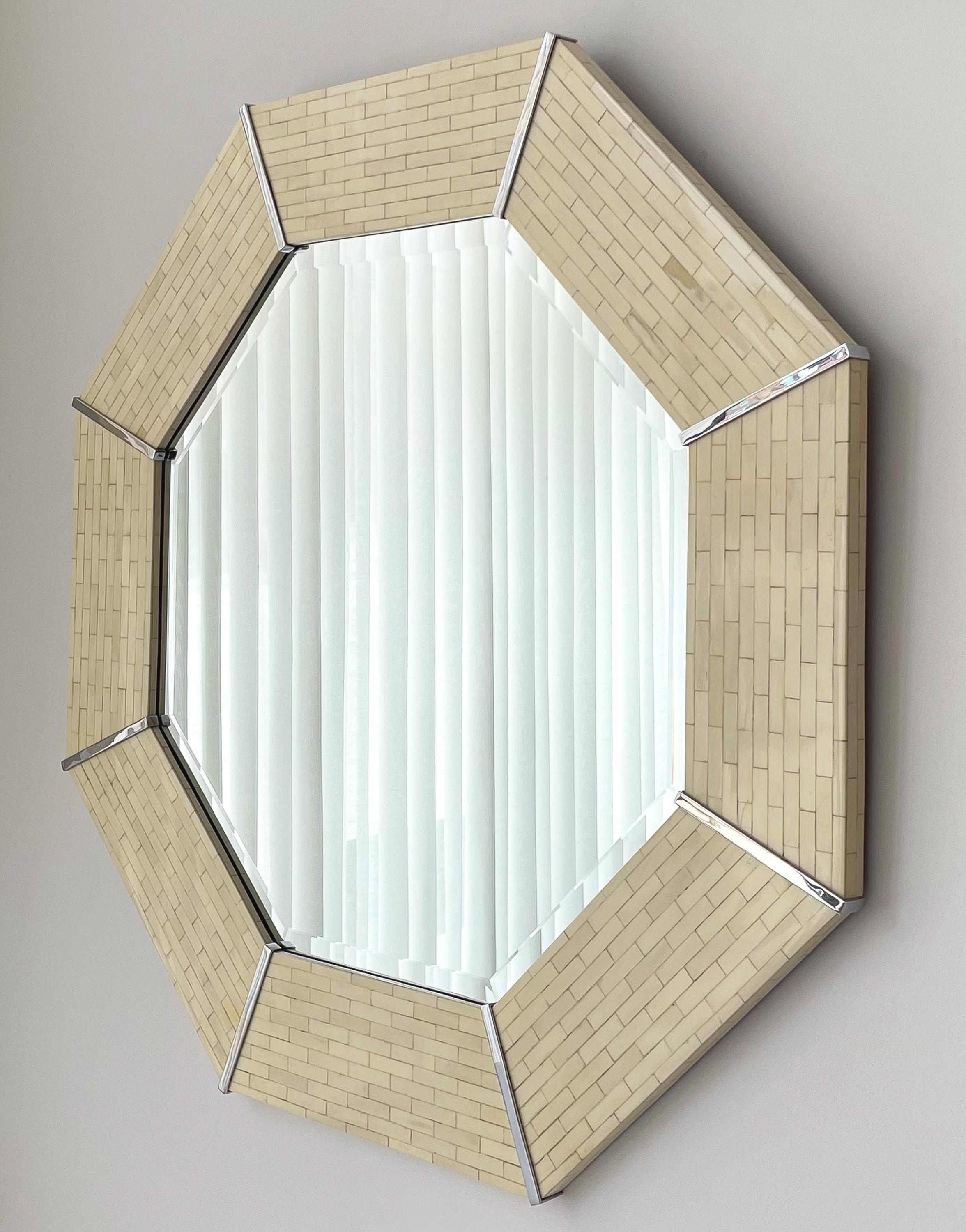 Mid-Century Modern Karl Springer Tessellated Bone Octagon Wall Mirror