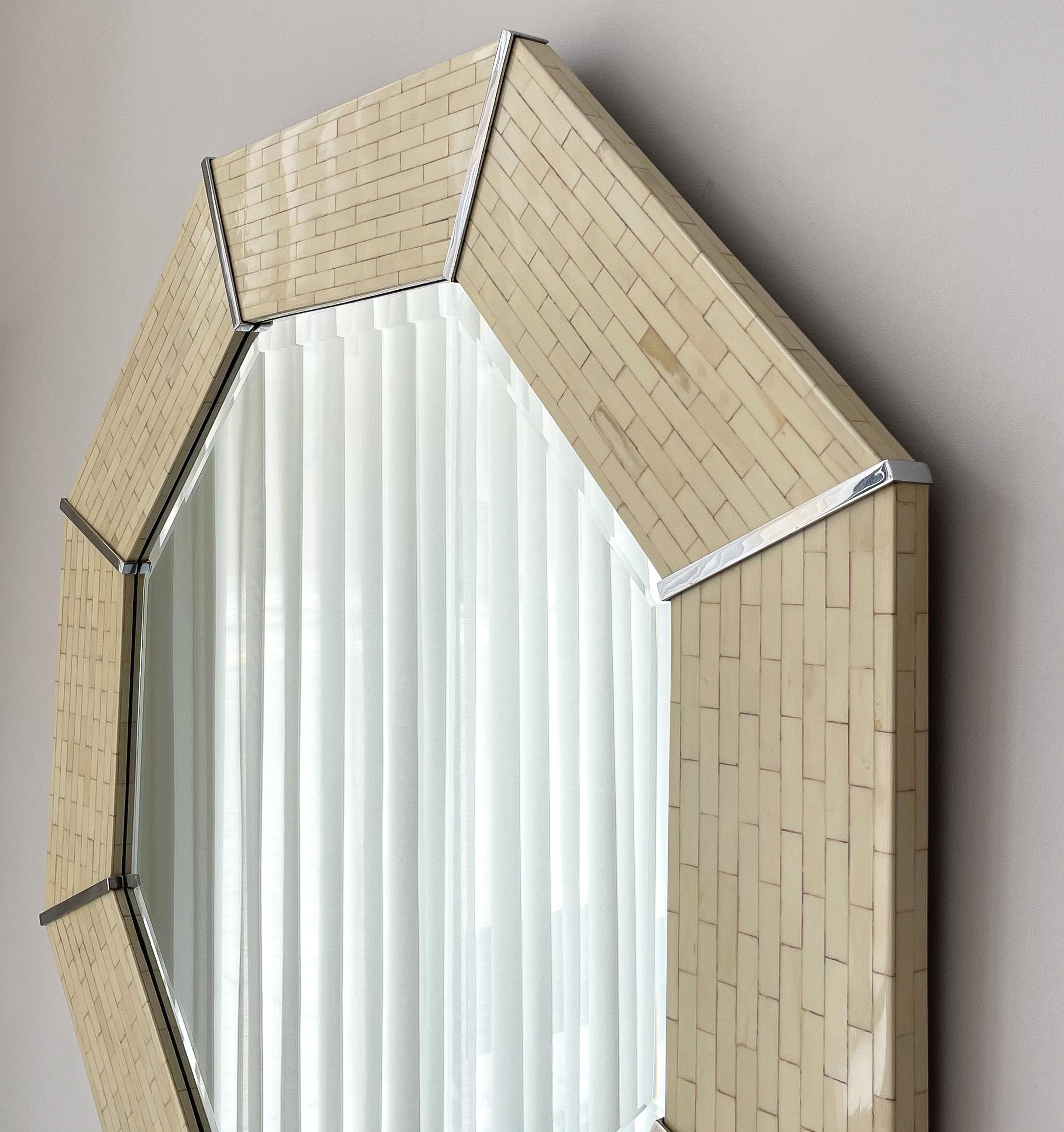 Chrome Karl Springer Tessellated Bone Octagon Wall Mirror