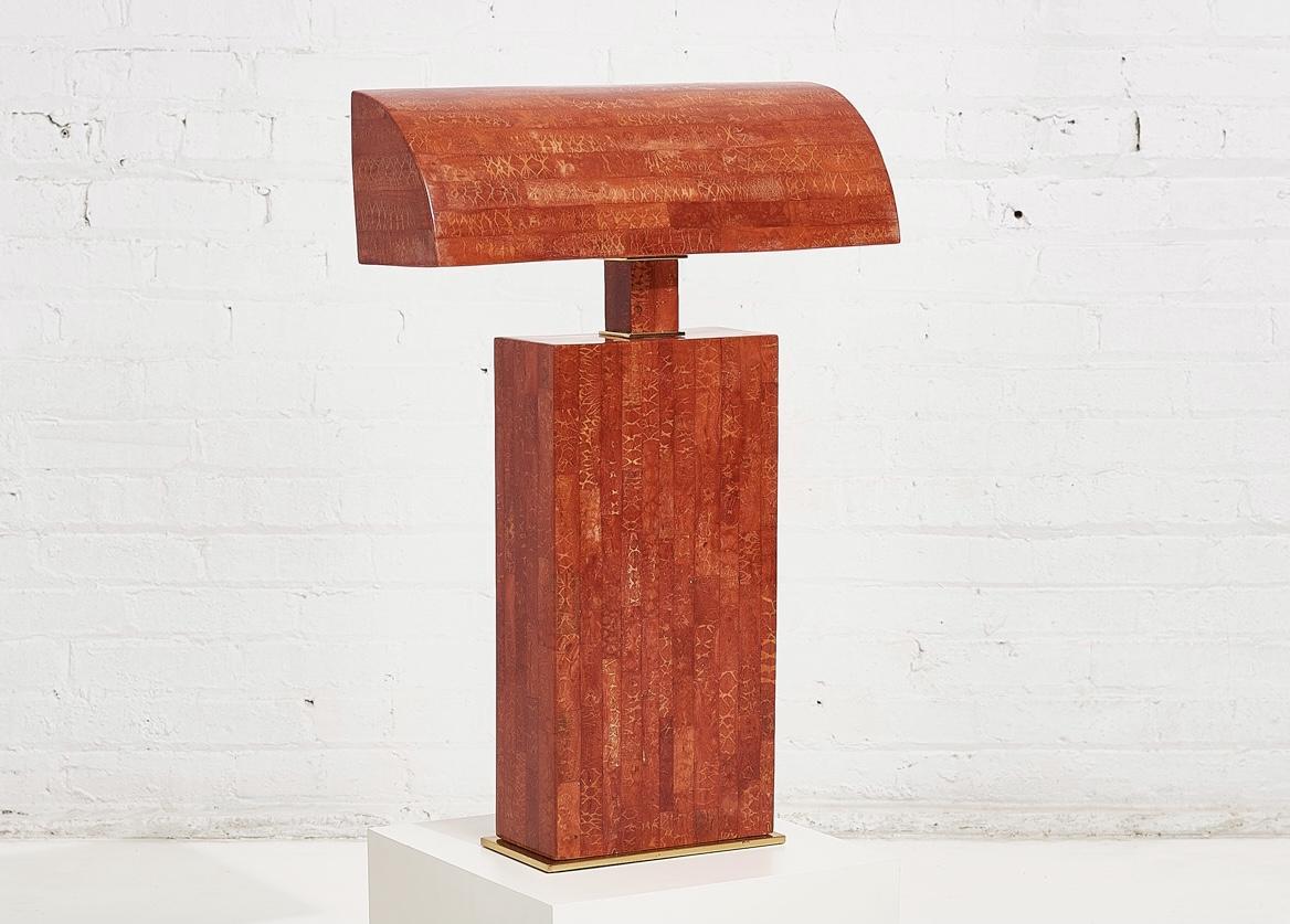Karl Springer tessellated red coral stone table lamp with brass detail.