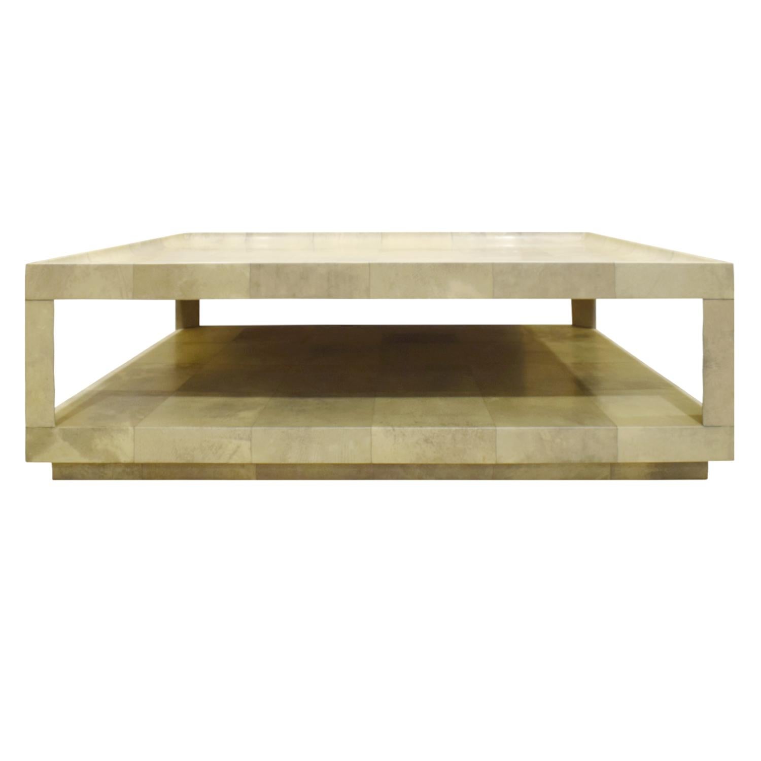 American Karl Springer Stunning Coffee Table in Lacquered Goatskin with Bone Inlays 1980s