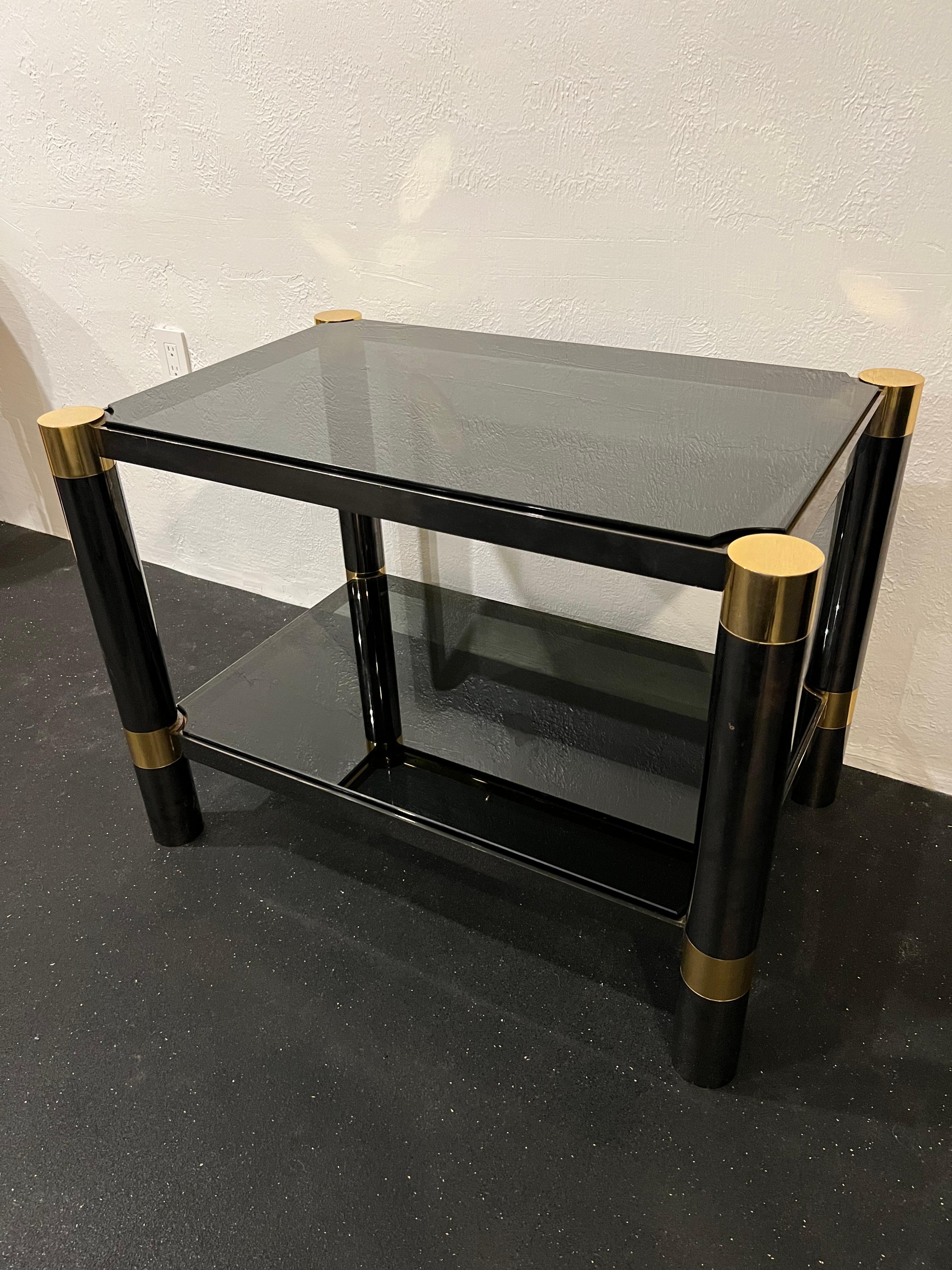 North American Karl Springer Two-Tiered Gun Metal and Brass Table For Sale