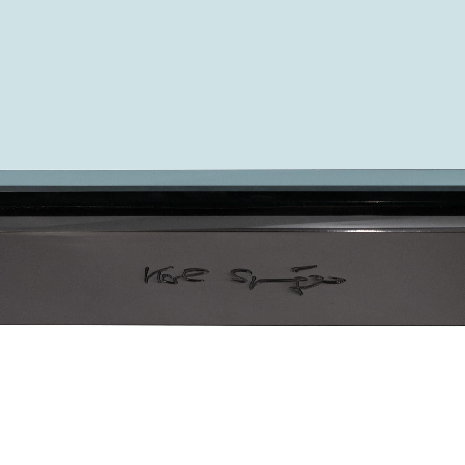 Metal Karl Springer Unique Round Leg Coffee Table with Artisan Glass Top 1980s, Signed For Sale