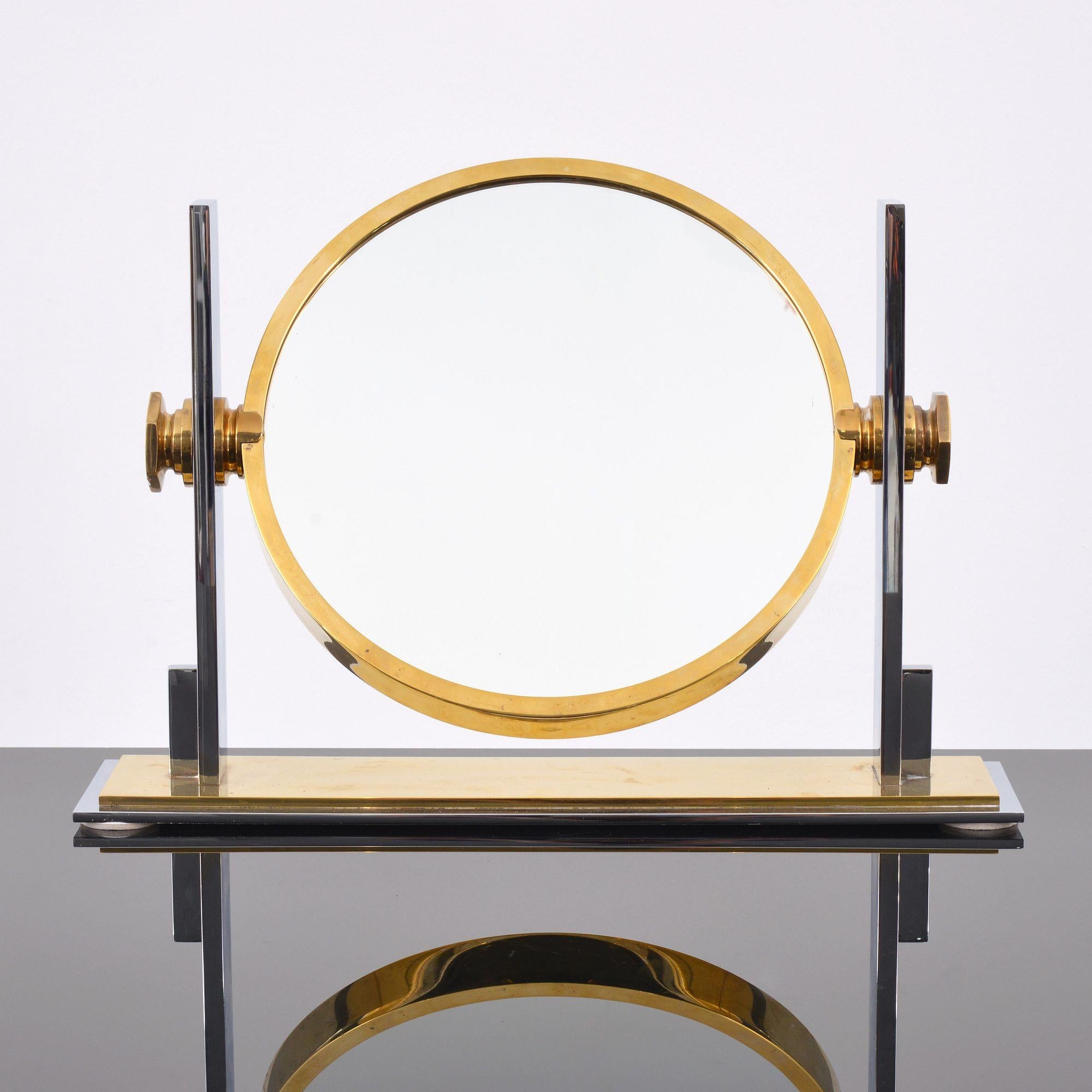 Artist/Designer; Manufacturer: Karl Springer (American, 1931-1989); Karl Springer Ltd. (USA)
Marking(s); notes: no marking(s) apparent
Materials: chromed metal, brass, mirrored glass
Dimensions (H, W, D): 10