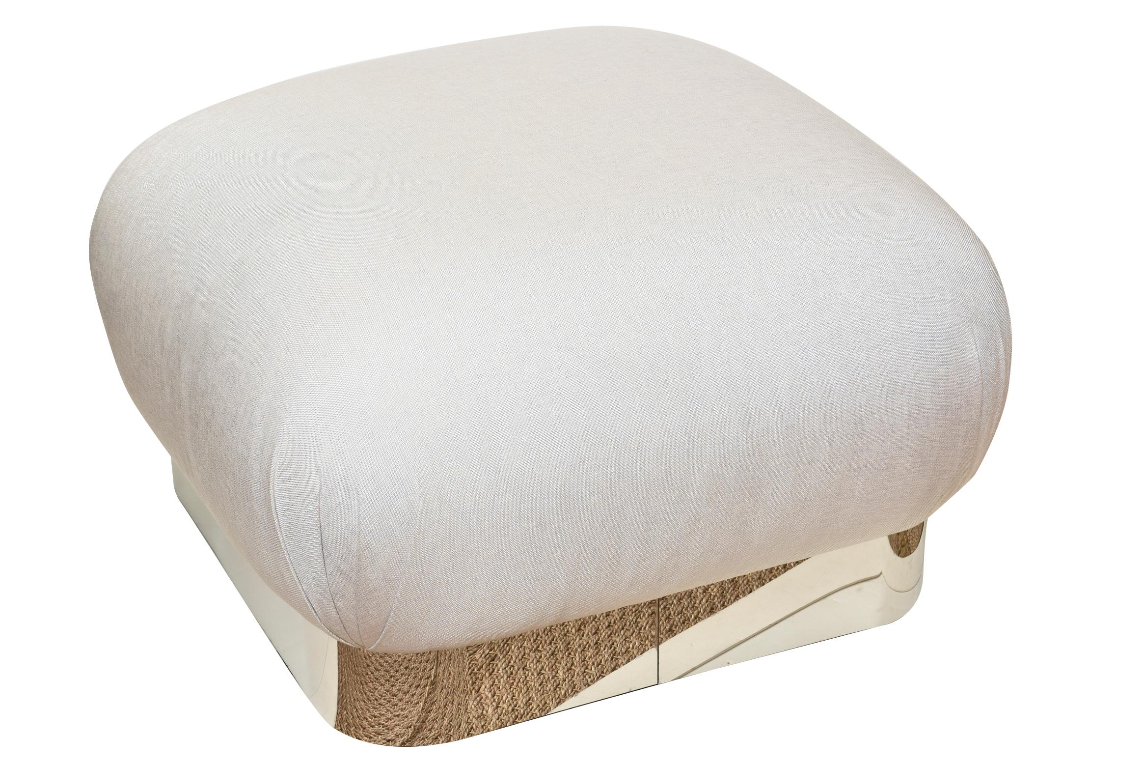 Modern Vintage Karl Springer Large Stainless Steel and Upholstered Souffle Pouf Ottoman For Sale