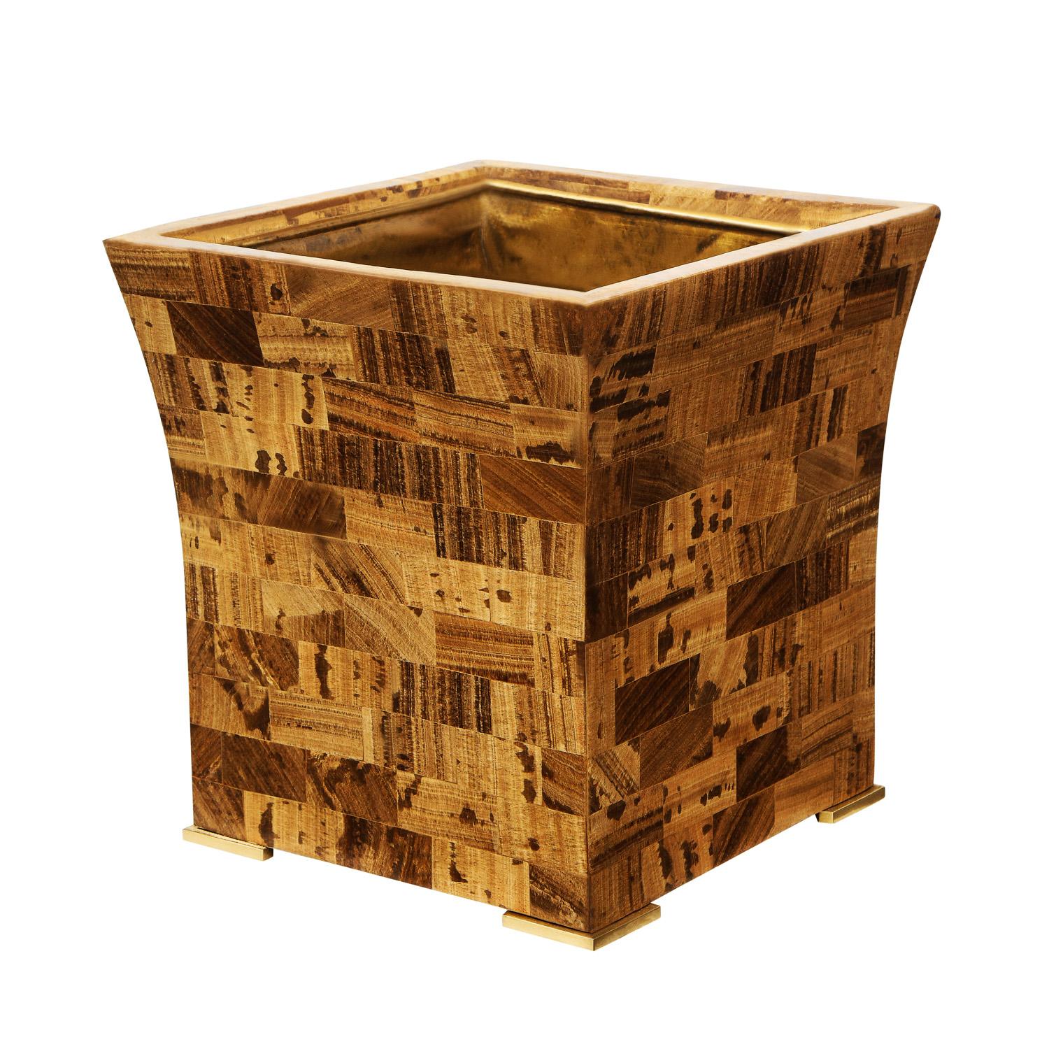 Meticulously crafted waste basket in tessellated travertine with gilded accents and solid brass feet by Maitland Smith for Karl Springer, American 1980's (bottom lined in fabric). Tag on bottom reads “KS-56”. This waste basket is incredible.