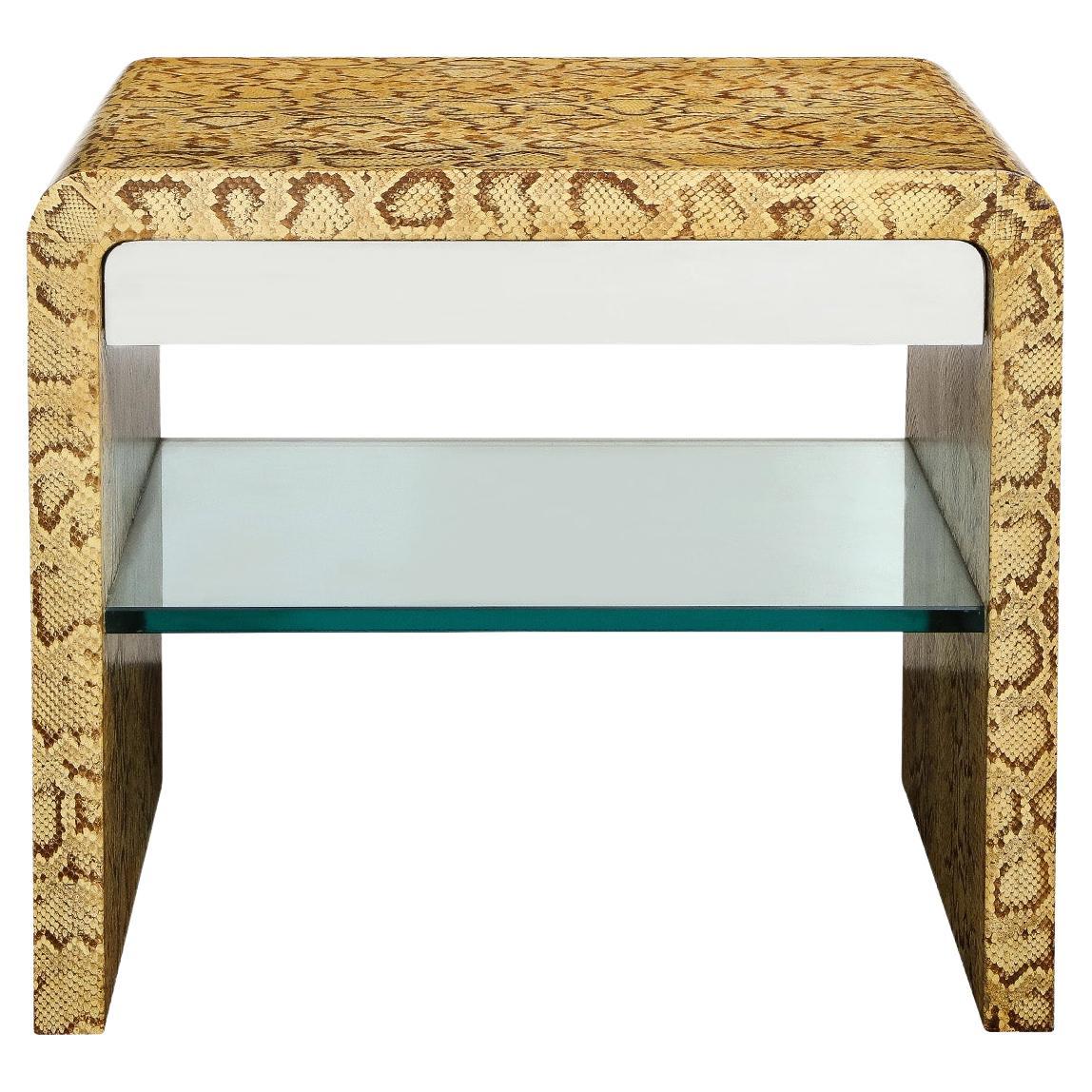 Karl Springer Waterfall Side Table in Python with Stainless Steel Drawer 1970s For Sale