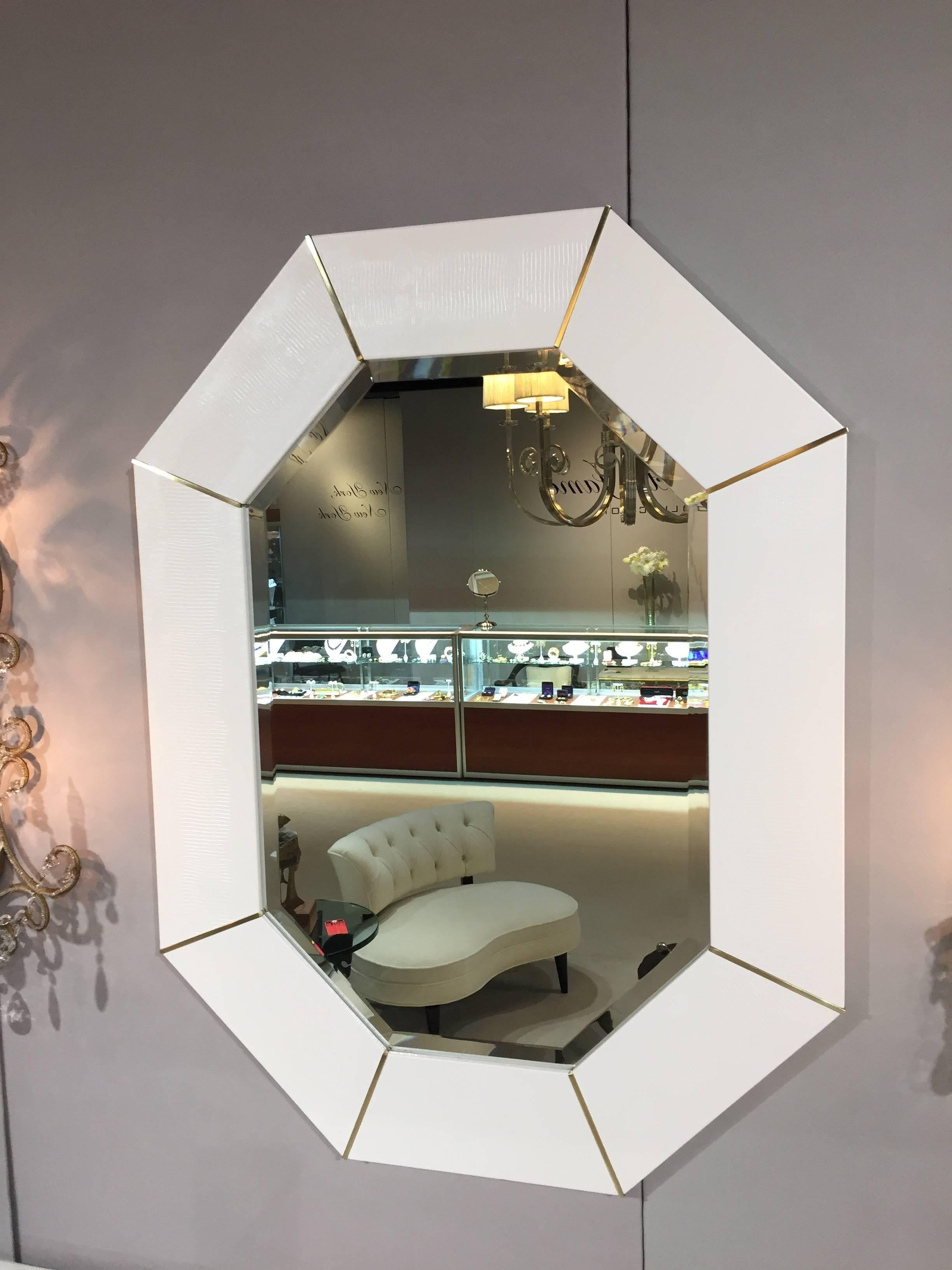 American Karl Springer White Lacquered Snake Skin Embossed Designed Mirror
